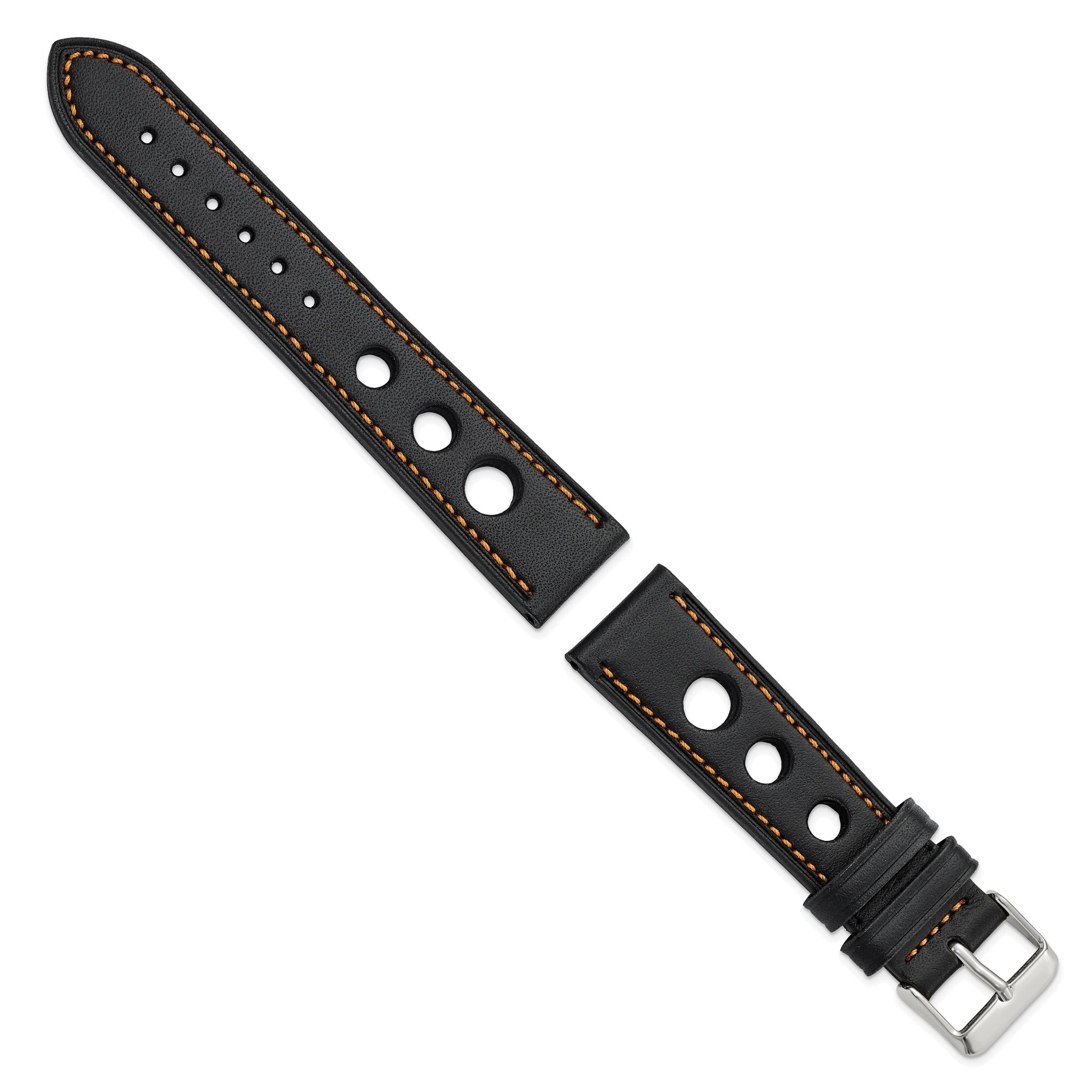 Grand Prix Leather Watch Band in Black with Orange Stitching, 24mm