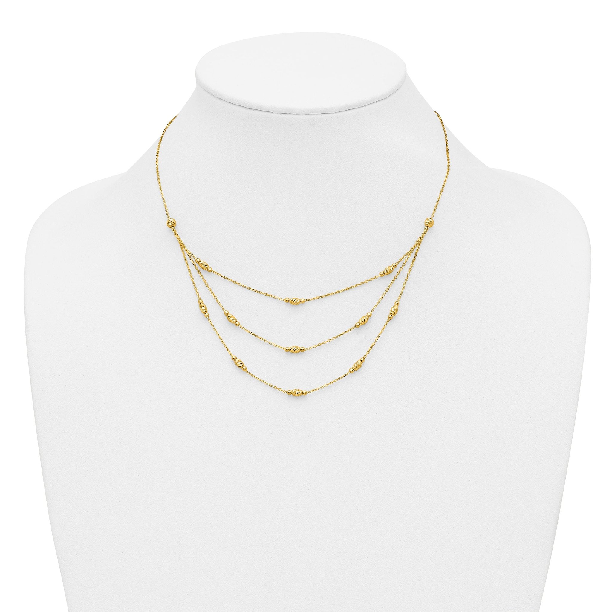 14K Polished and Dia-cut Layered Beaded w/2in ext. Necklace