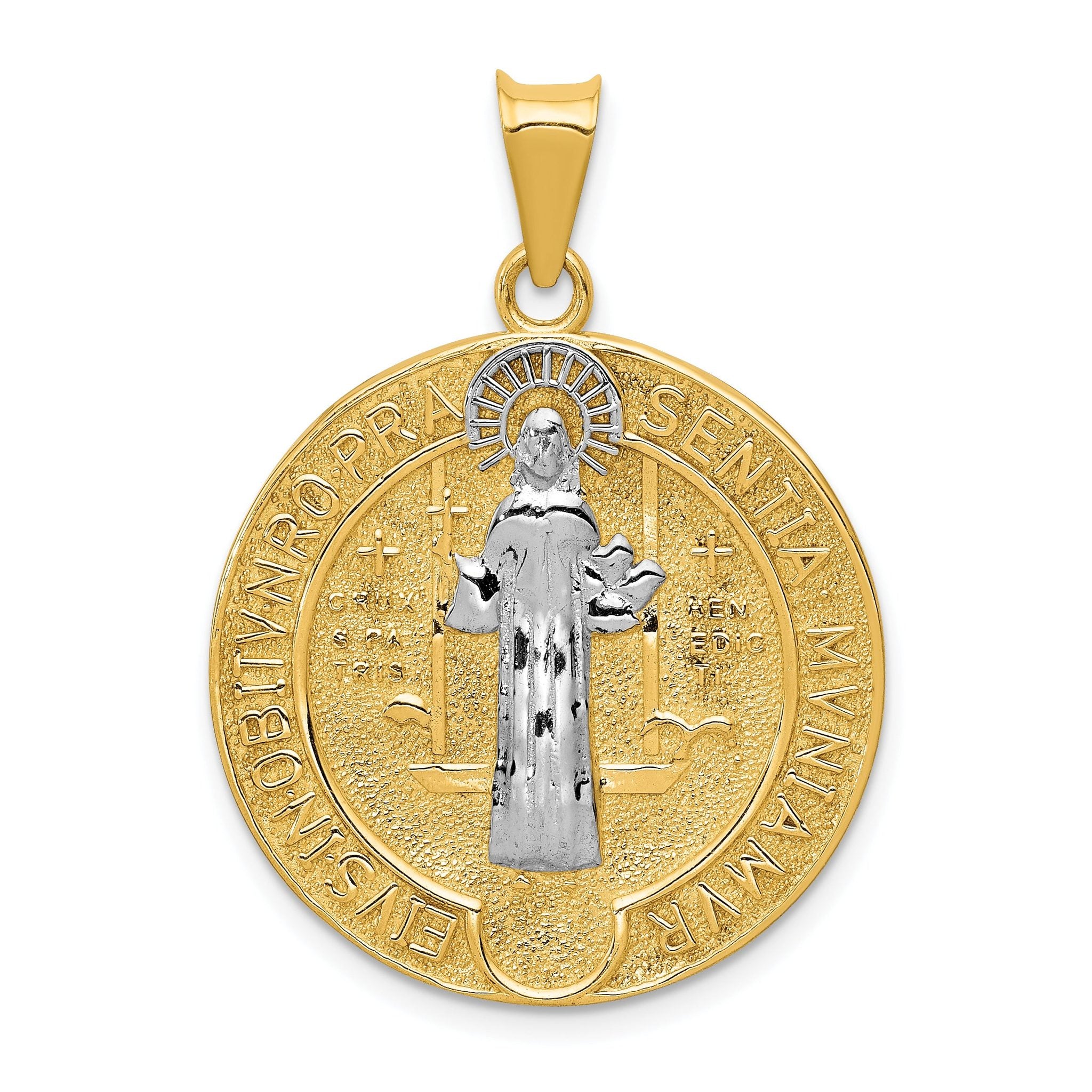 14K Gold & Rhodium St. Benedict Medal Pendant  Polished, Reversible Design
