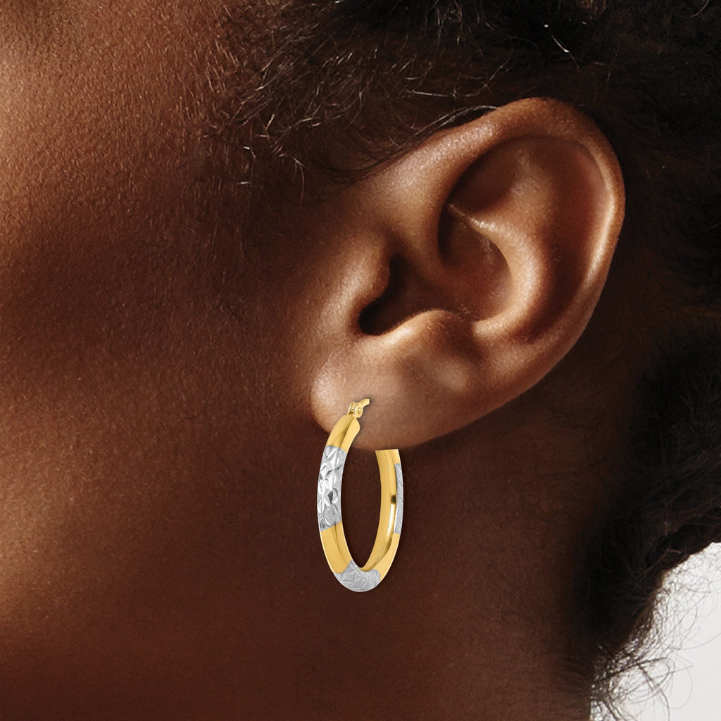 14k with Rhodium Diamond Cut 3mm Hoop Earrings