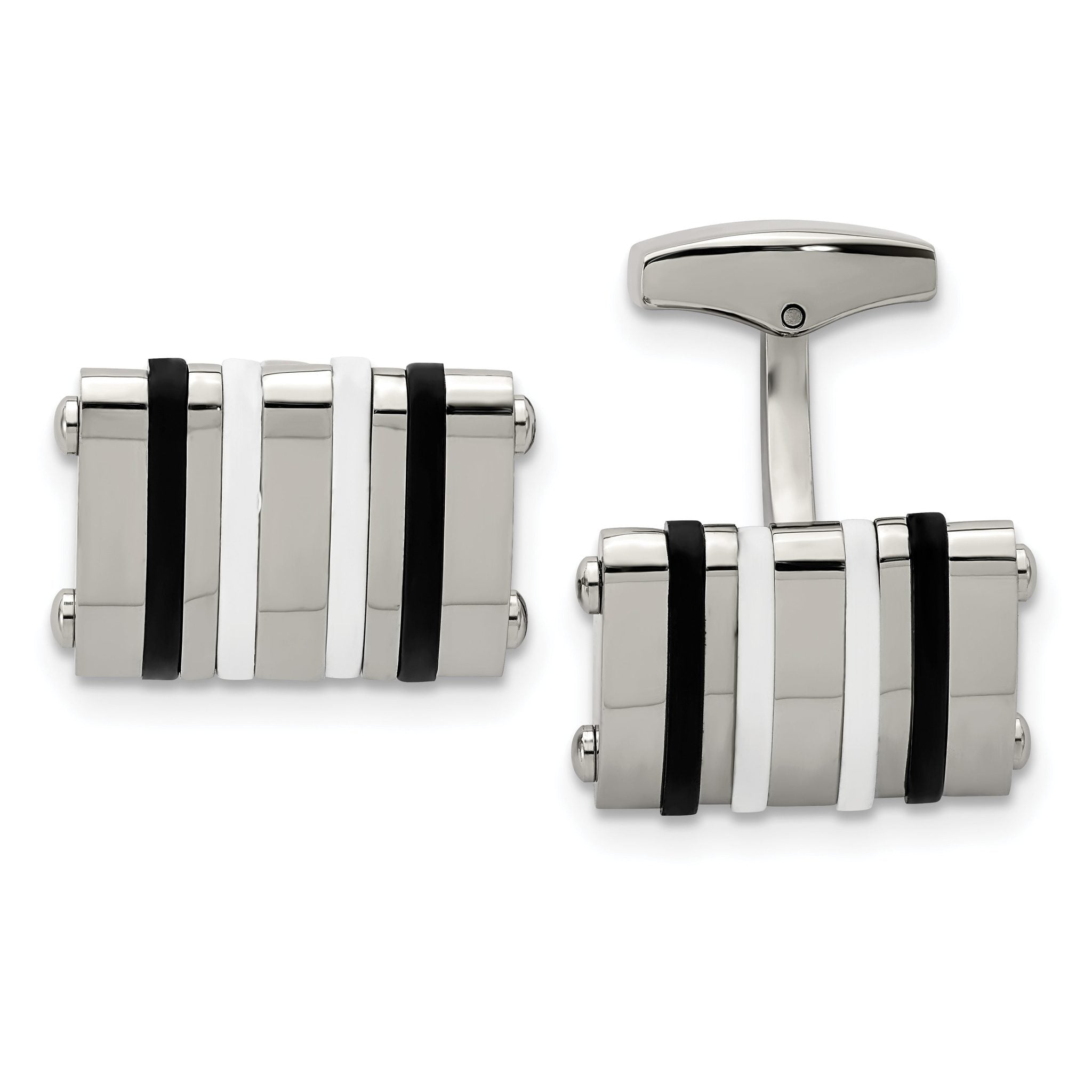 Rectangle Cufflinks in Stainless Steel with Black & White Rubber Main image