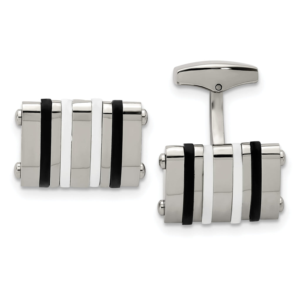Rectangle Cufflinks in Stainless Steel with Black & White Rubber