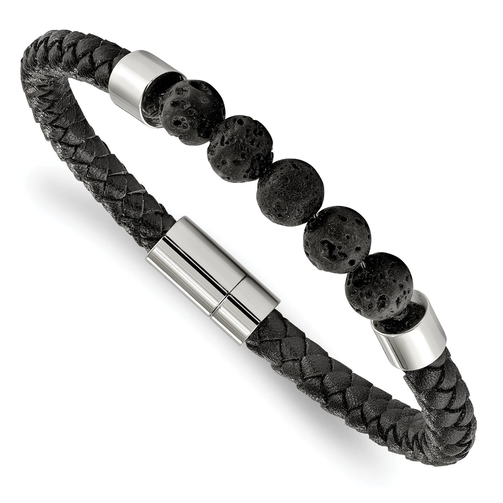 Stainless Steel Polished with Lava Stone Beads Black Leather Bracelet for Men
