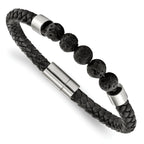 Stainless Steel Polished with Lava Stone Beads Black Leather Bracelet for Men