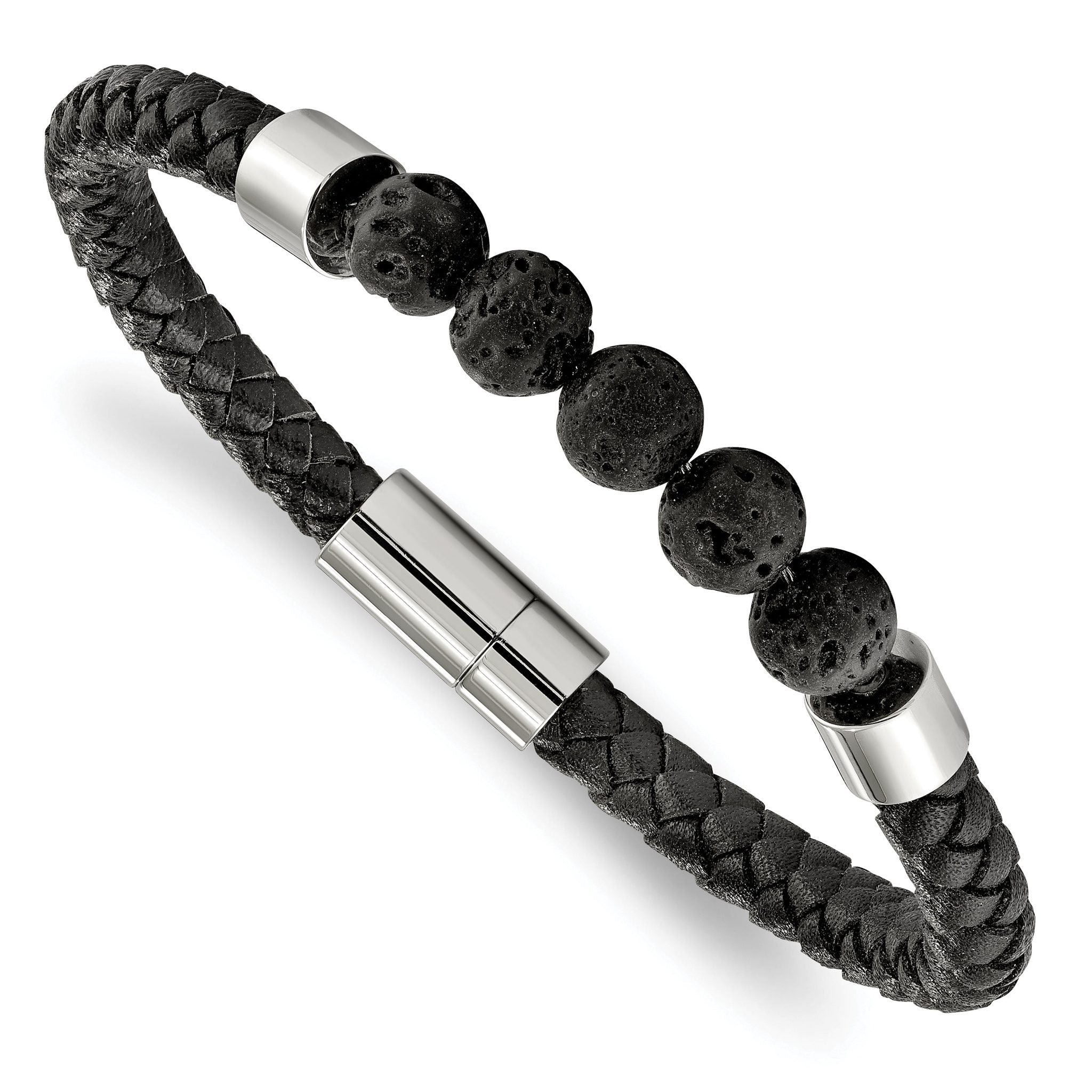 Stainless Steel Polished with Lava Stone Beads Black Leather Bracelet for Men