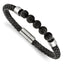 Stainless Steel Polished with Lava Stone Beads Black Leather Bracelet for Men
