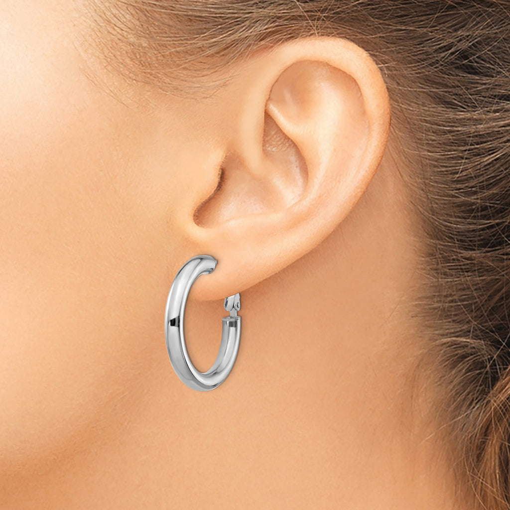 14K White Gold Polished Hoop Earrings with Omega Back Elegant & Lightweight