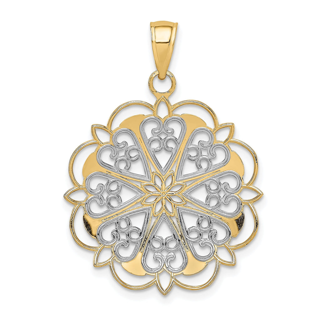 14K Gold Filigree Hearts Pendant with Rhodium Accents and Scalloped Edge