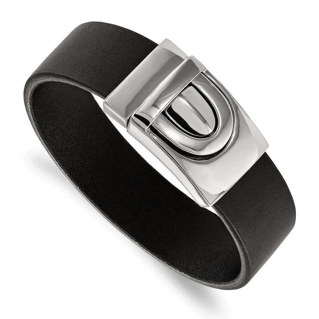 Stainless Steel Polished Black Leather Bracelet for Men