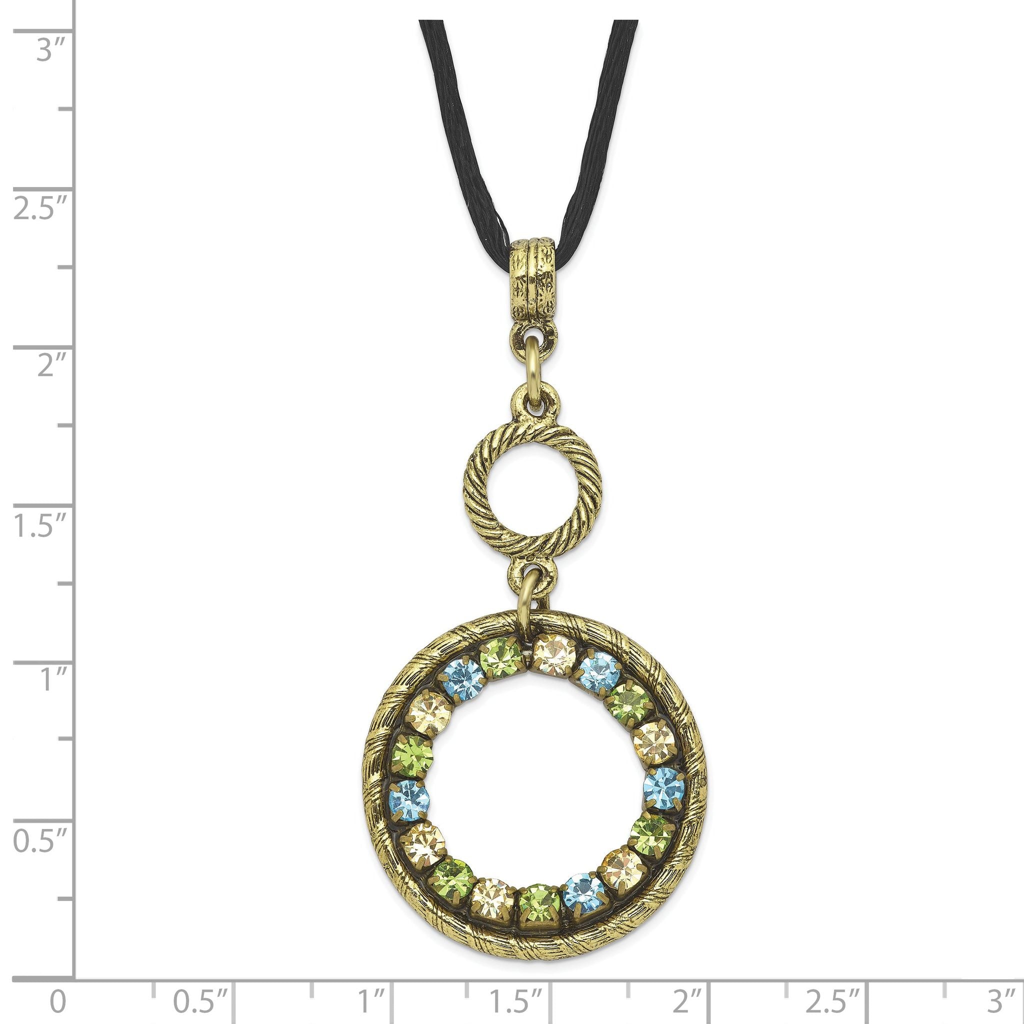 1928 Jewelry Brass-tone Blue Green and Light Colorado Crystal Double Circle Adjustable 16 inch Satin Cord Necklace with 3 inch extension Secondary image