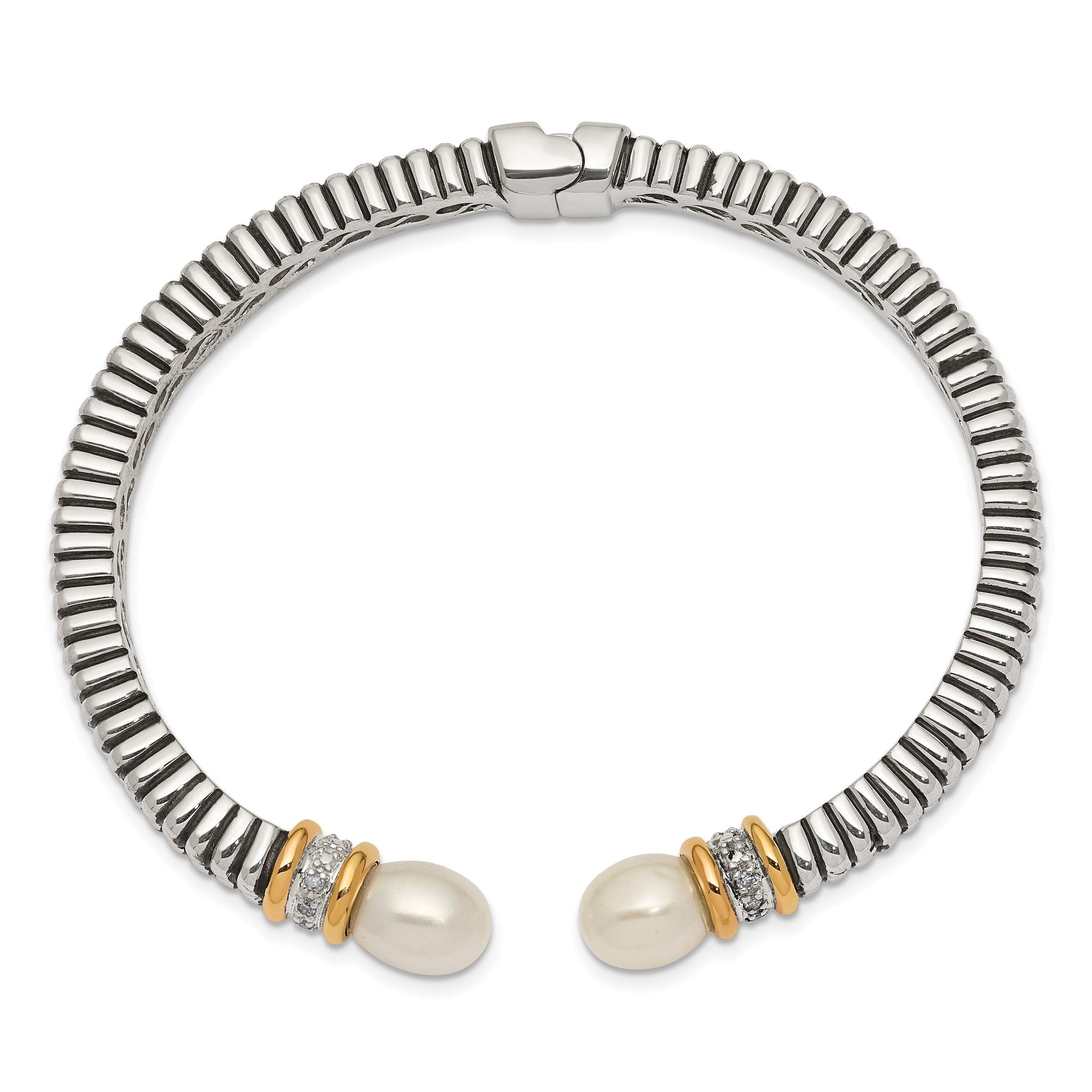 Sophia Jewelers Sterling Silver 14K Gold Pearl Diamond Hinged Cuff Bracelet Secondary image