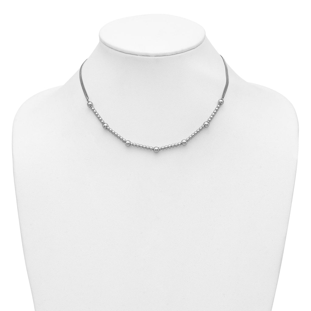 Sterling Silver RH-plt Pol. 2-strand Beaded w/2in ext. Necklace