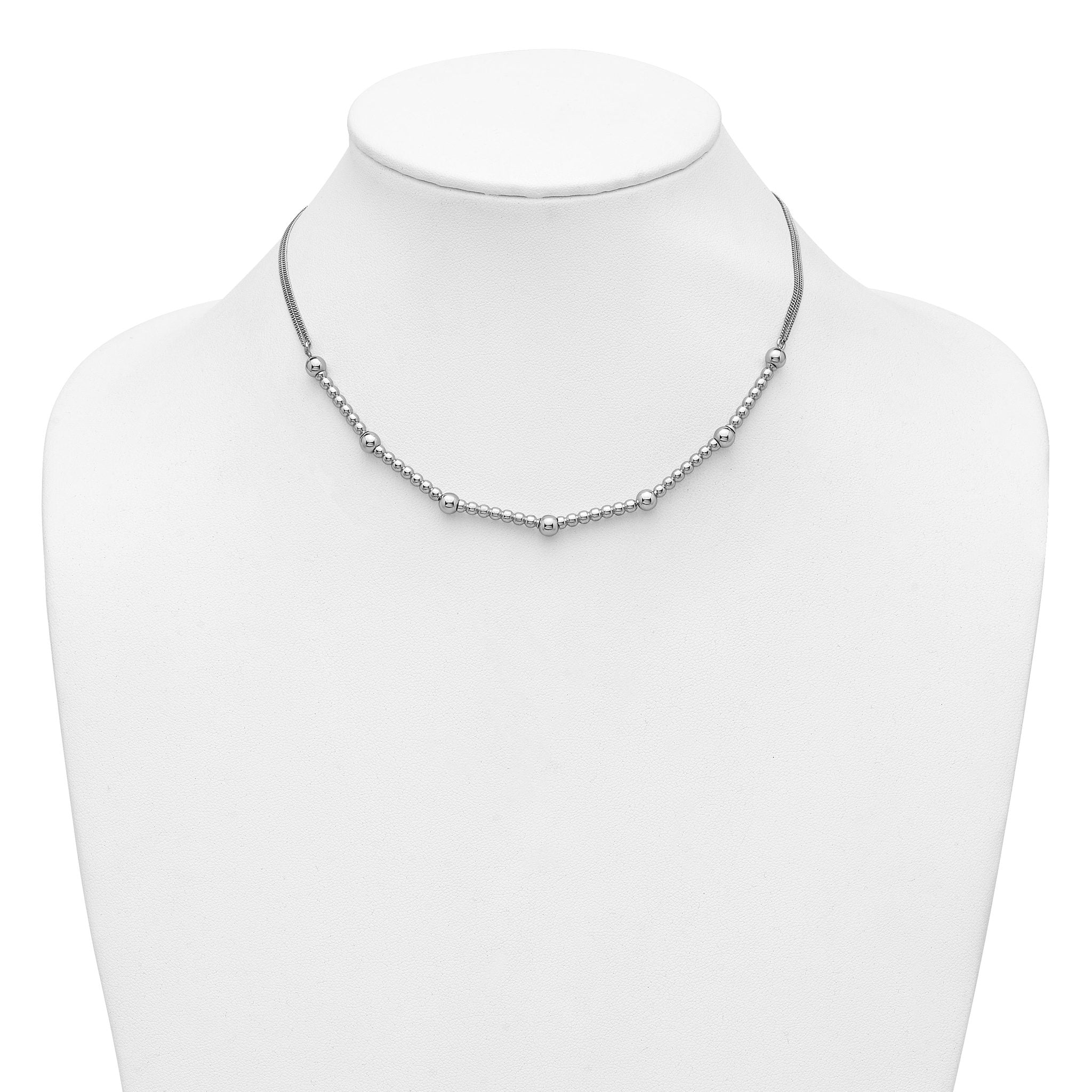 Sterling Silver RH-plt Pol. 2-strand Beaded w/2in ext. Necklace