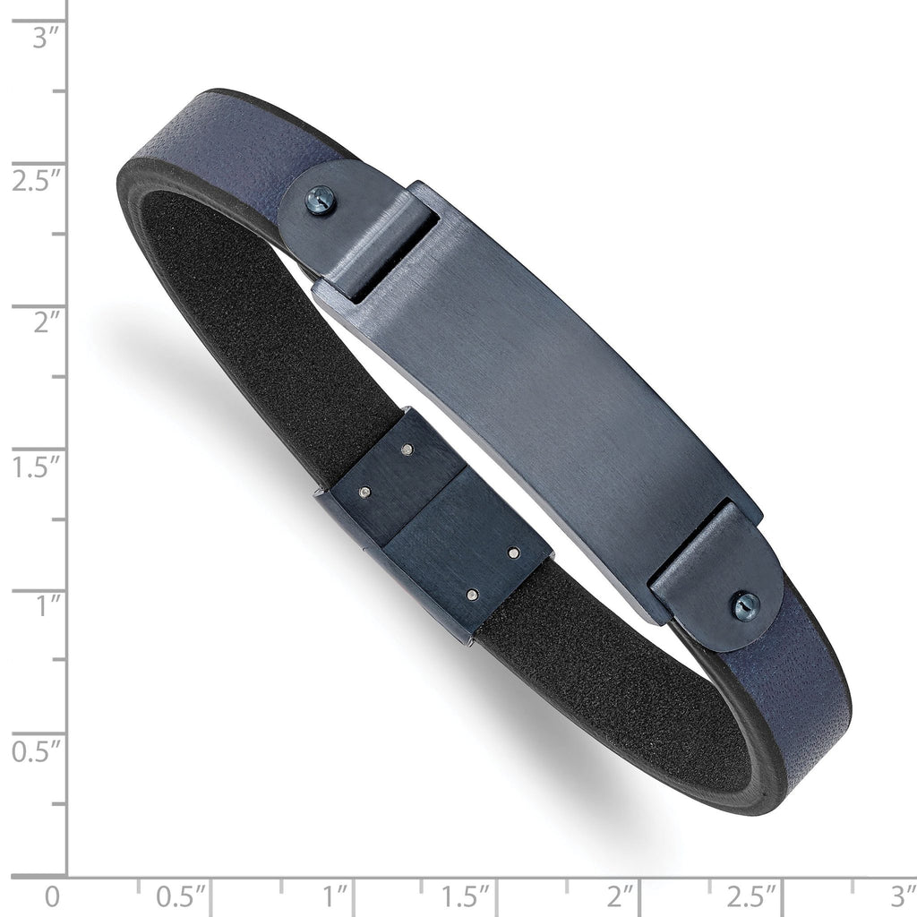 Stainless Steel Brushed Dark Grey IP-plated Blue Leather ID Bracelet for Men
