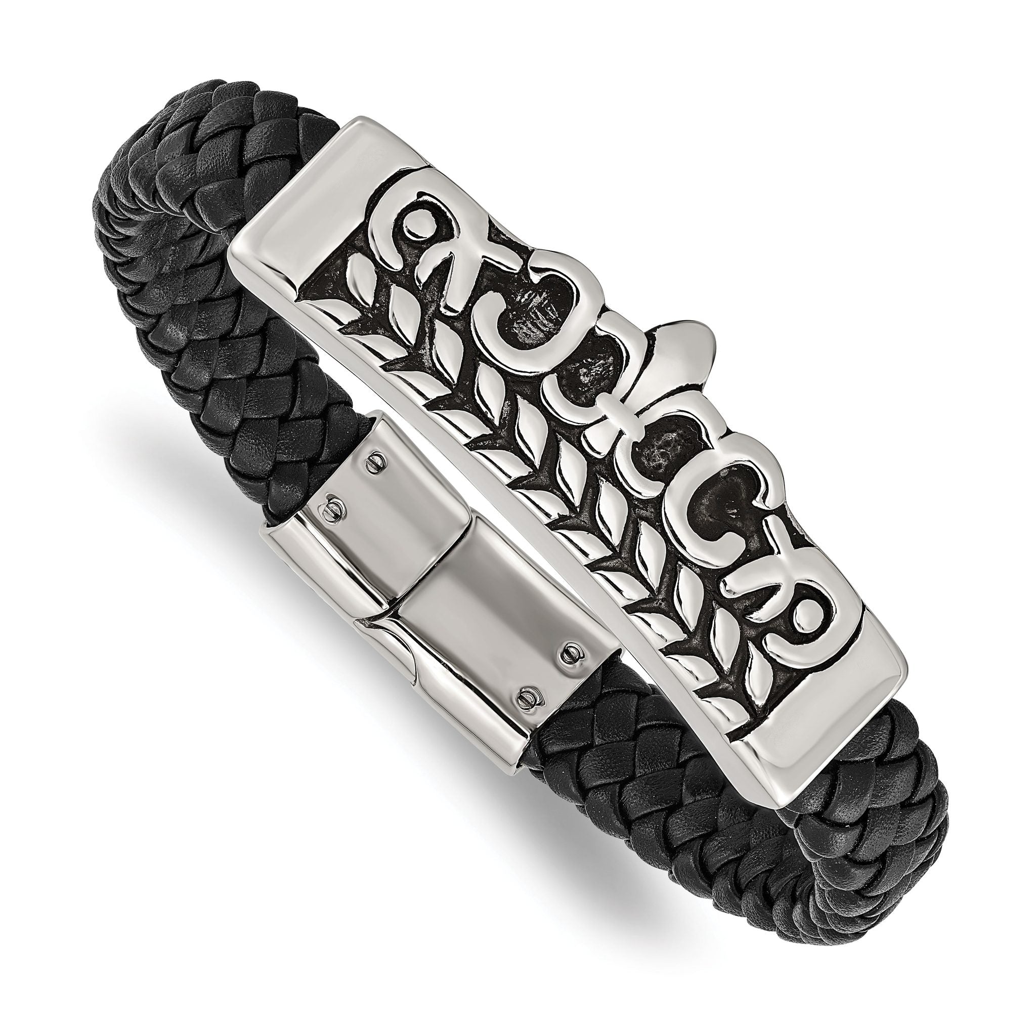 Stainless Steel Antiqued and Polished Fleur de Lis Black Leather Bracelet for Men Main image