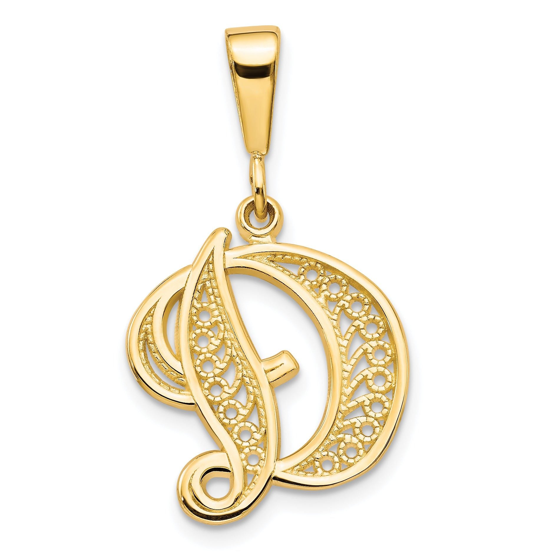 14K Yellow Gold Script Filigree Letter D Pendant  Elegant Polished Finish