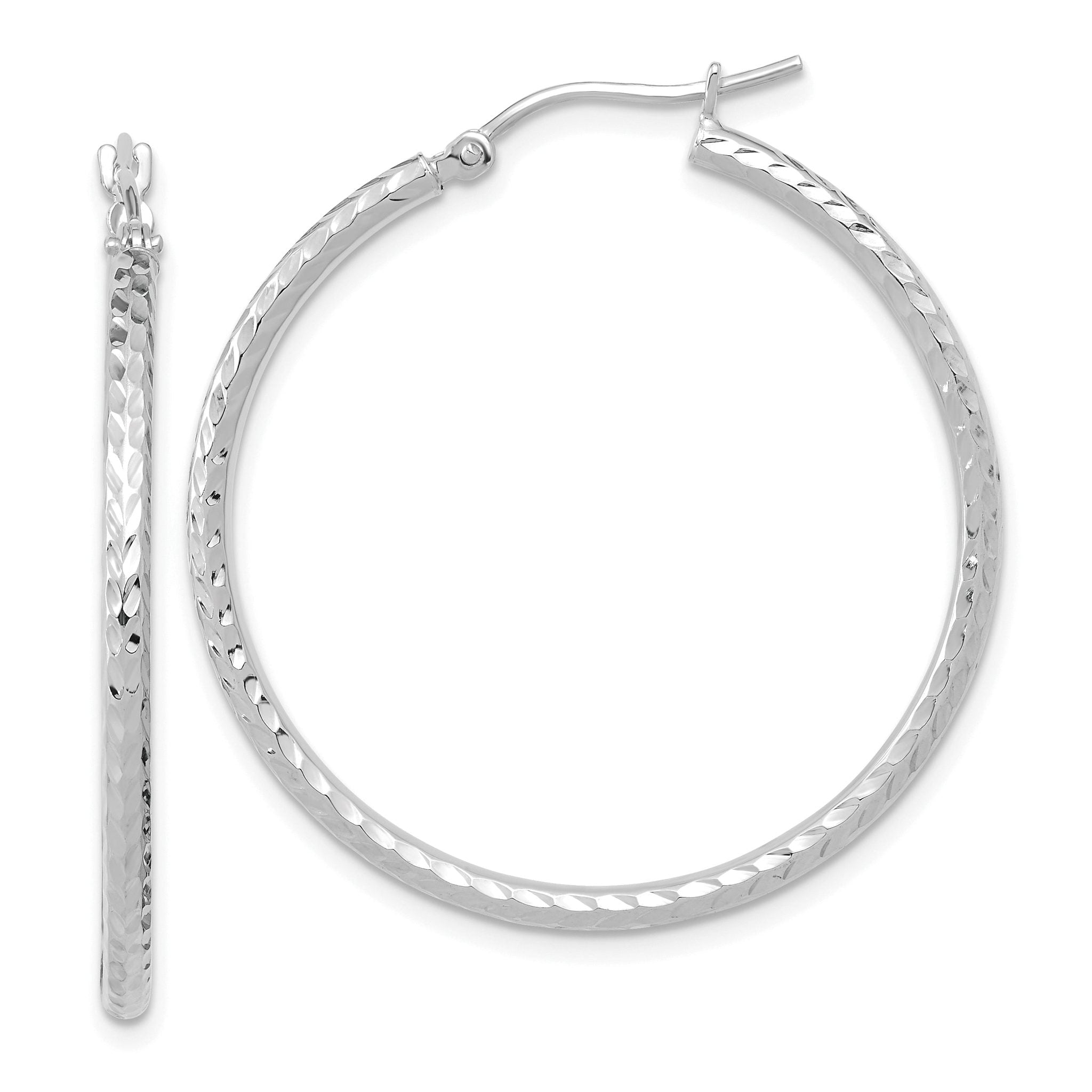 10K White Gold Diamond-Cut Hoop Earrings with Polished Finish 2mm