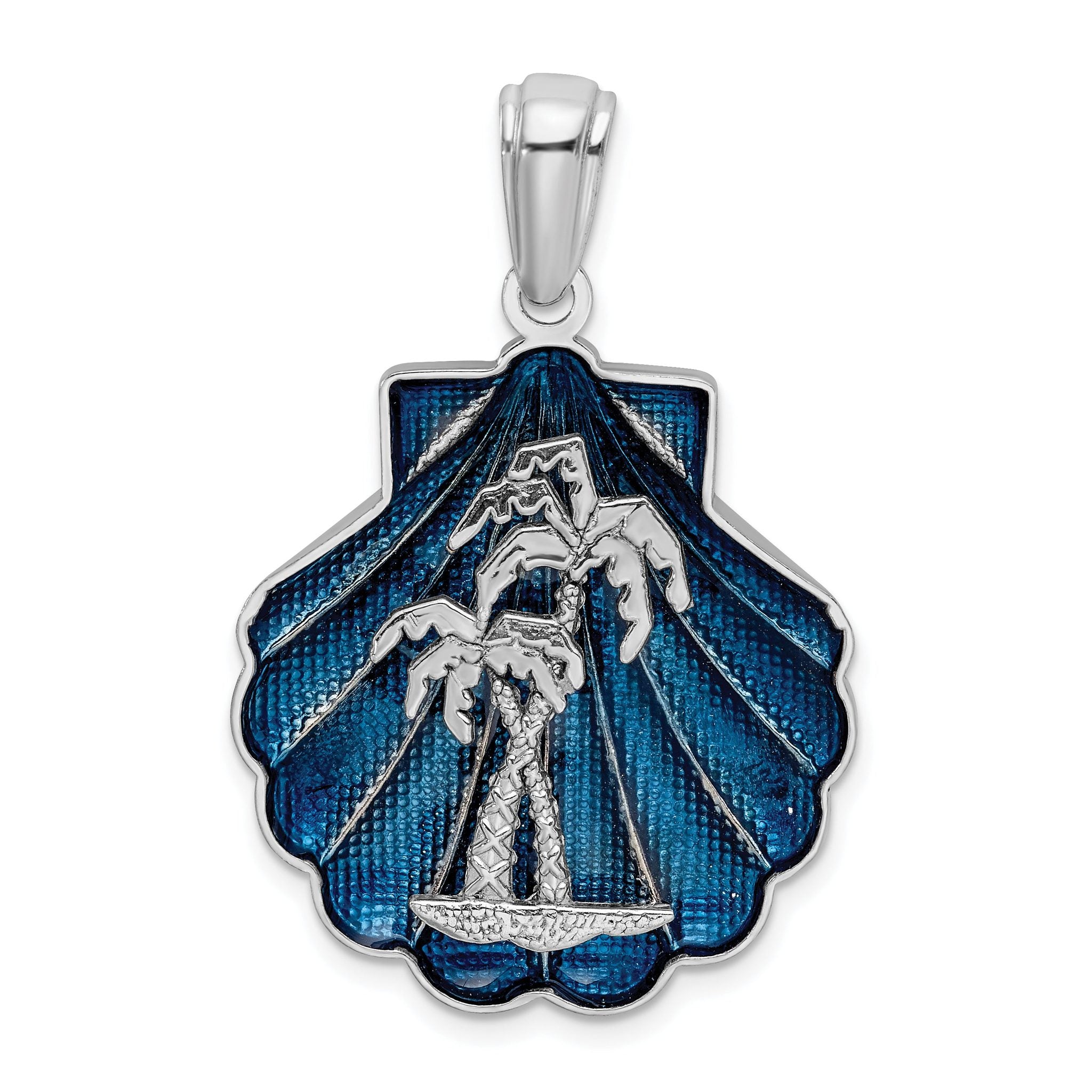 De-Ani Sterling Silver Rhodium-Plated Enameled Blue Shell with Palm Trees Pendant Main image