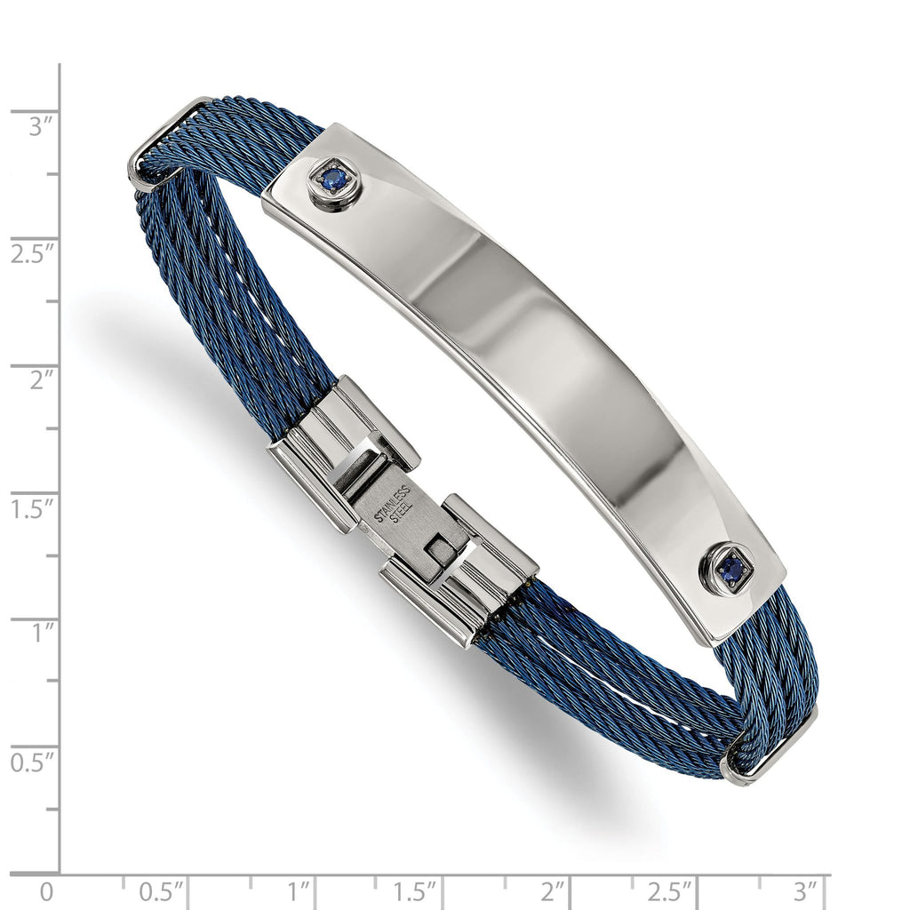 Stainless Steel Polished Blue IP-plated Cable with Blue Cubic Zirconia ID Bracelet for Women