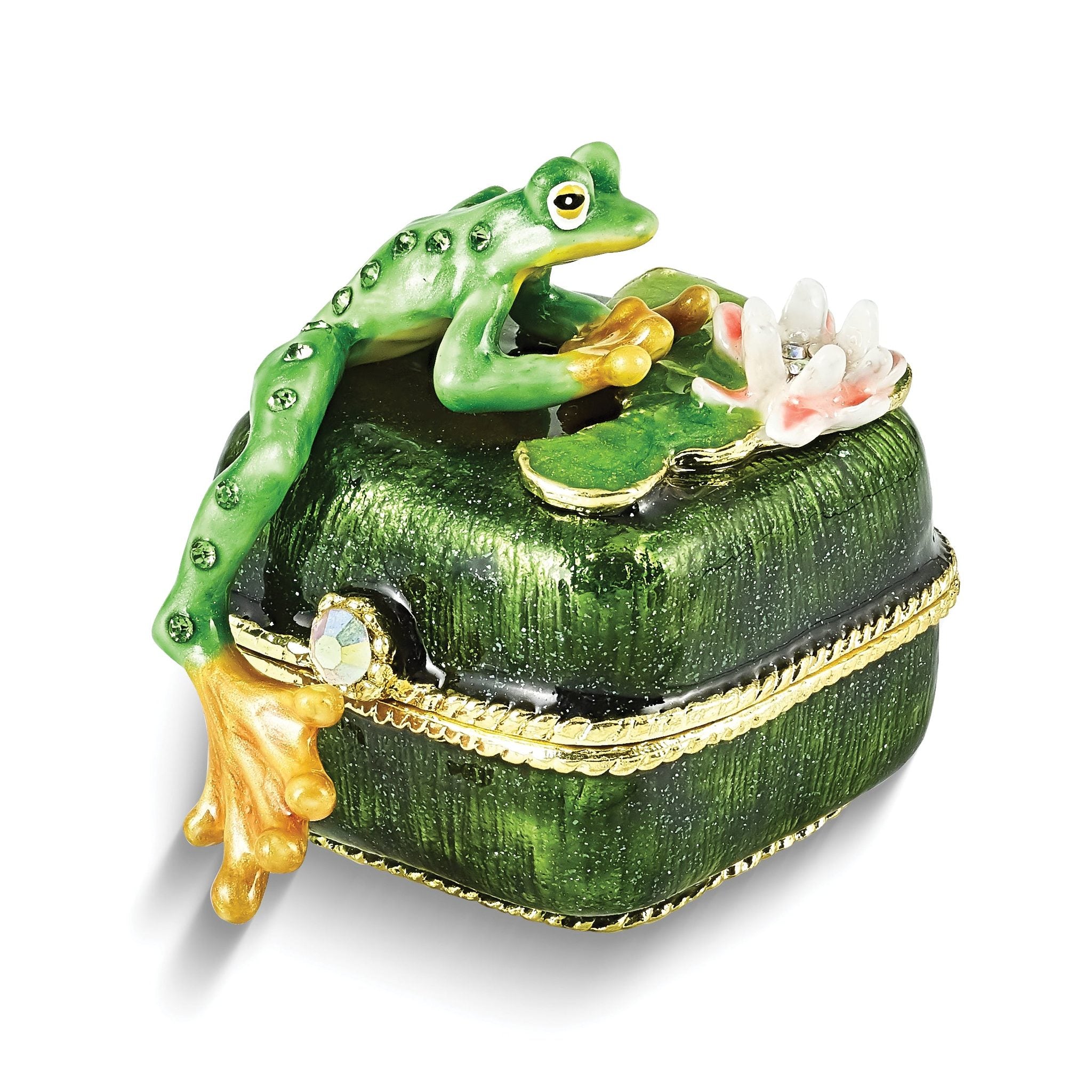 Luxury Giftware by Jere Pewter Bejeweled Crystals Gold-tone Enameled PADDY Frog on Lily Pad Trinket Box with Matching 18 Inch Necklace Main image