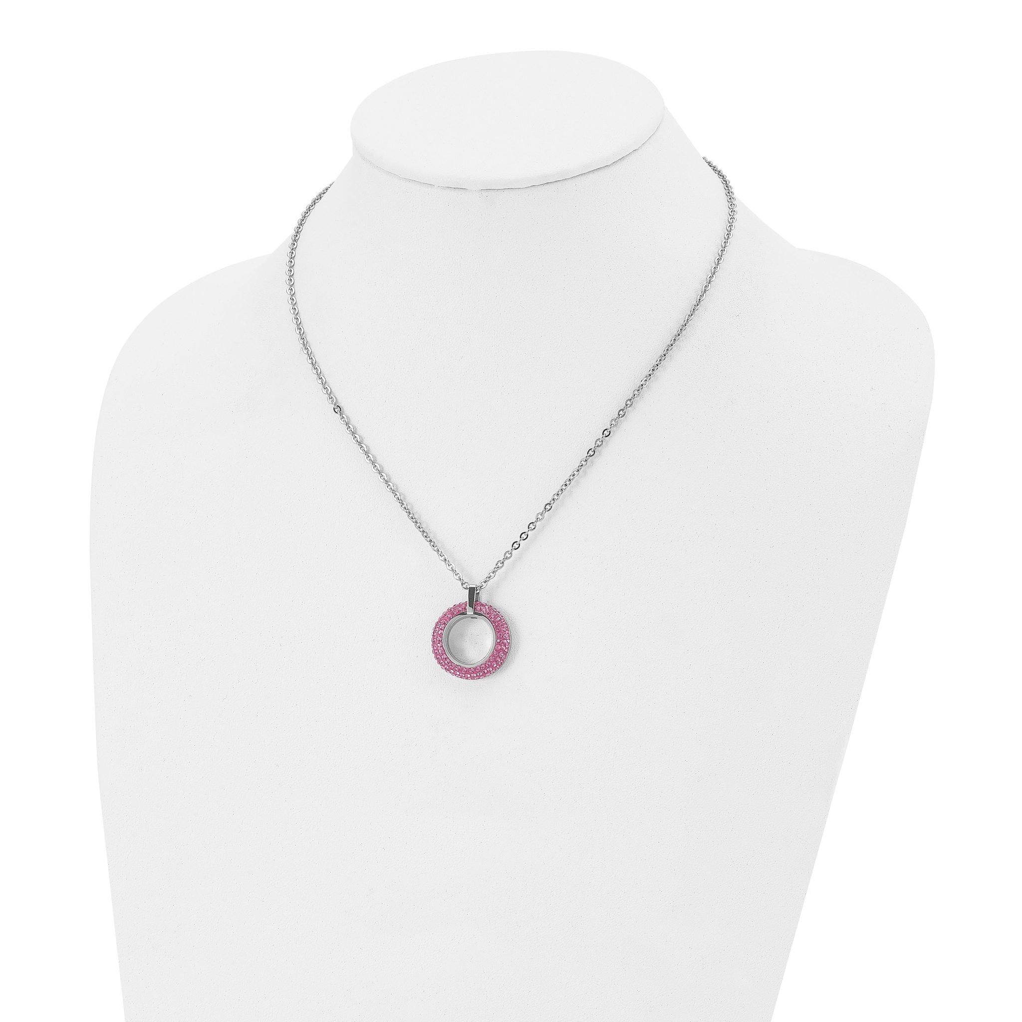 Pink Crystal Circle Necklace in Stainless Steel, 18in