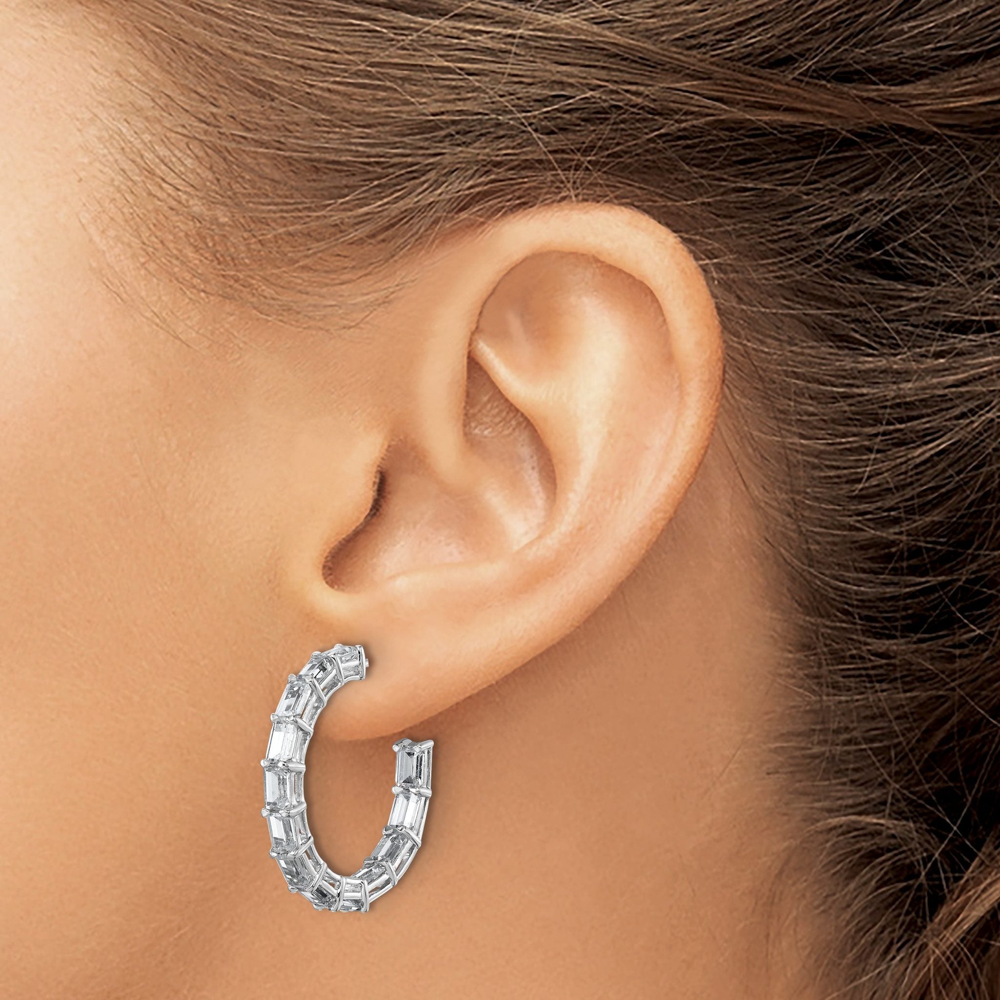 14k White Gold 6 1/2 carat Lab Grown Diamond VS/SI+ G+ Emerald Complete In and Out Hoop Earrings