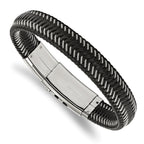 Stainless Steel Polished Braided Wire and Black Leather Adjustable 8 to Bracelet for Men