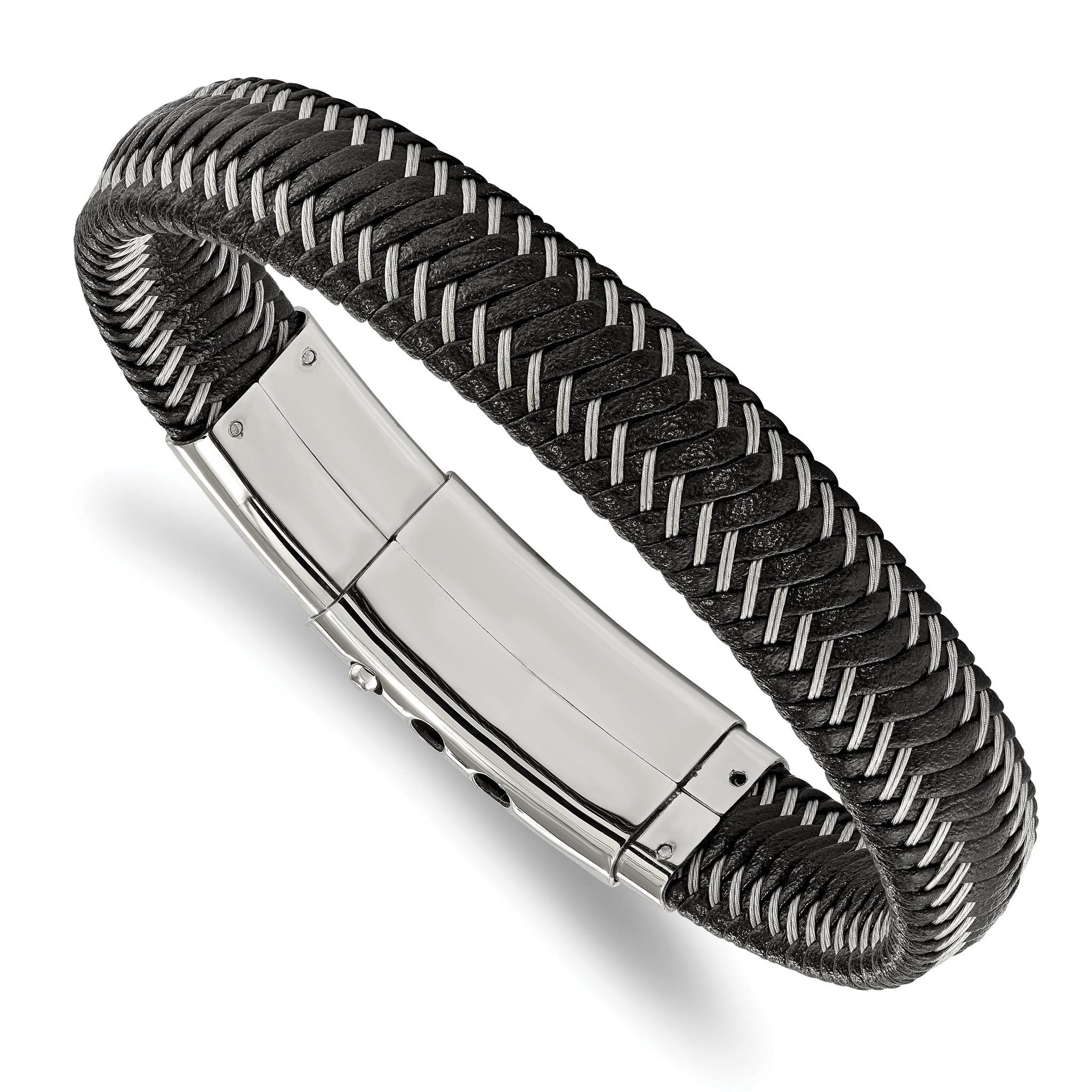 Stainless Steel Polished Braided Wire and Black Leather Adjustable 8 to Bracelet for Men