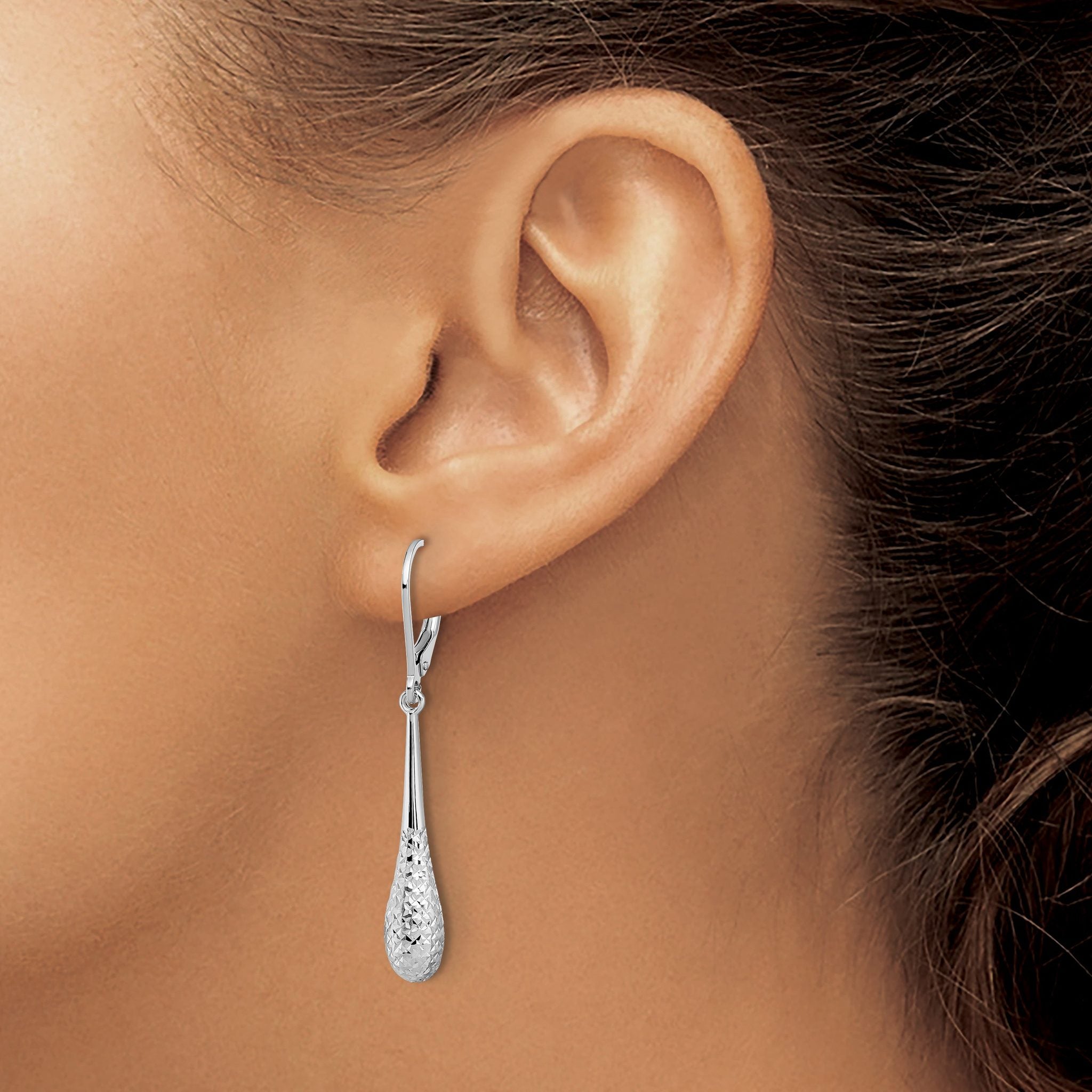 10K White Gold Polished and D/C Leverback Earrings