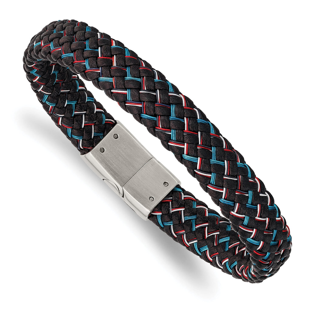 Stainless Steel Polished Braided Multi-color Wire and Black Leather Bracelet