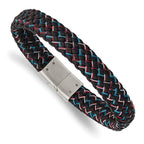 Stainless Steel Polished Braided Multi-color Wire and Black Leather Bracelet