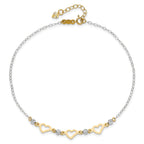 14K Two-tone Three Hearts and Diamond-cut Beads 9 inch Plus 1 inch Extender - Total 10 inch Anklet