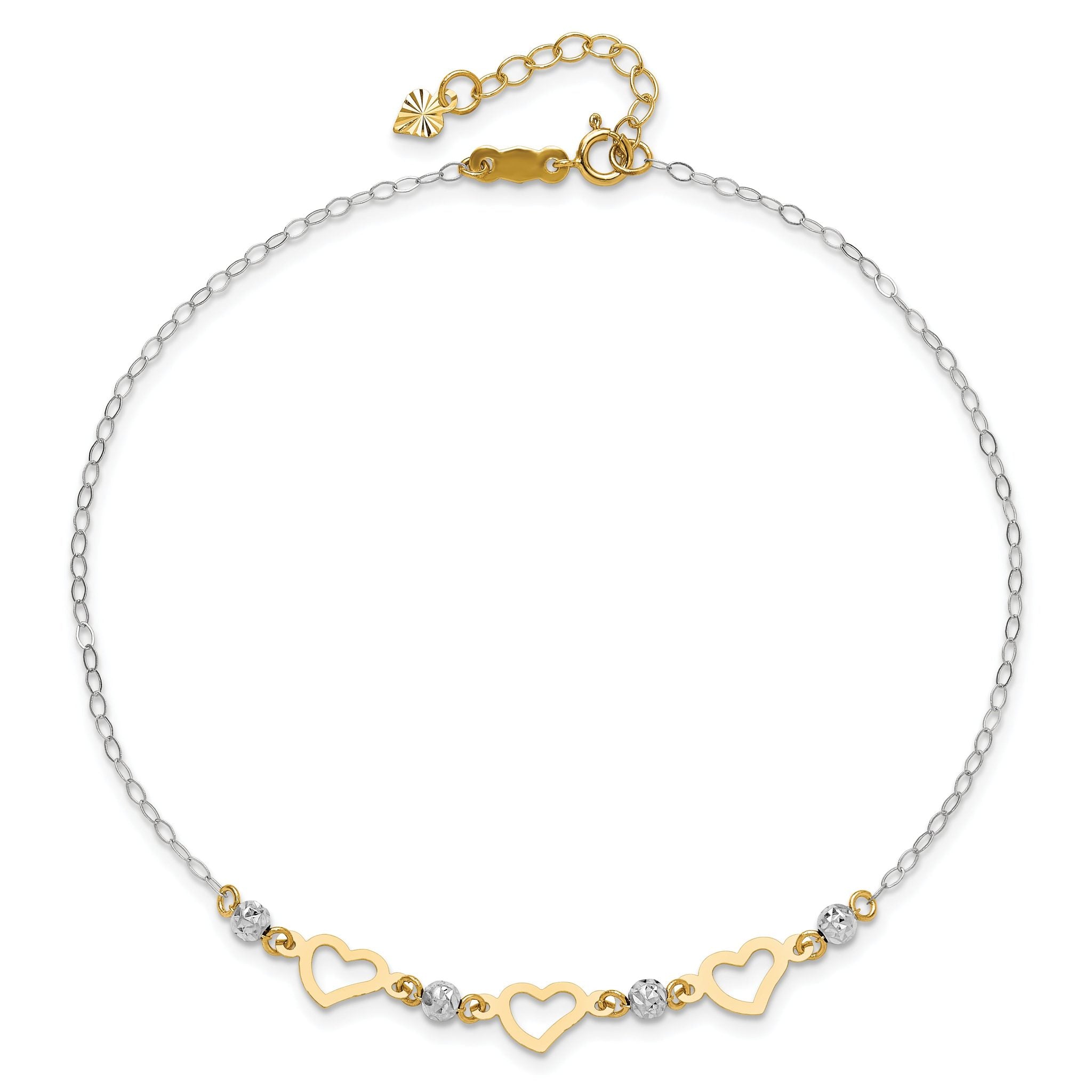 14K Two-tone Three Hearts and Diamond-cut Beads 9 inch Plus 1 inch Extender - Total 10 inch Anklet