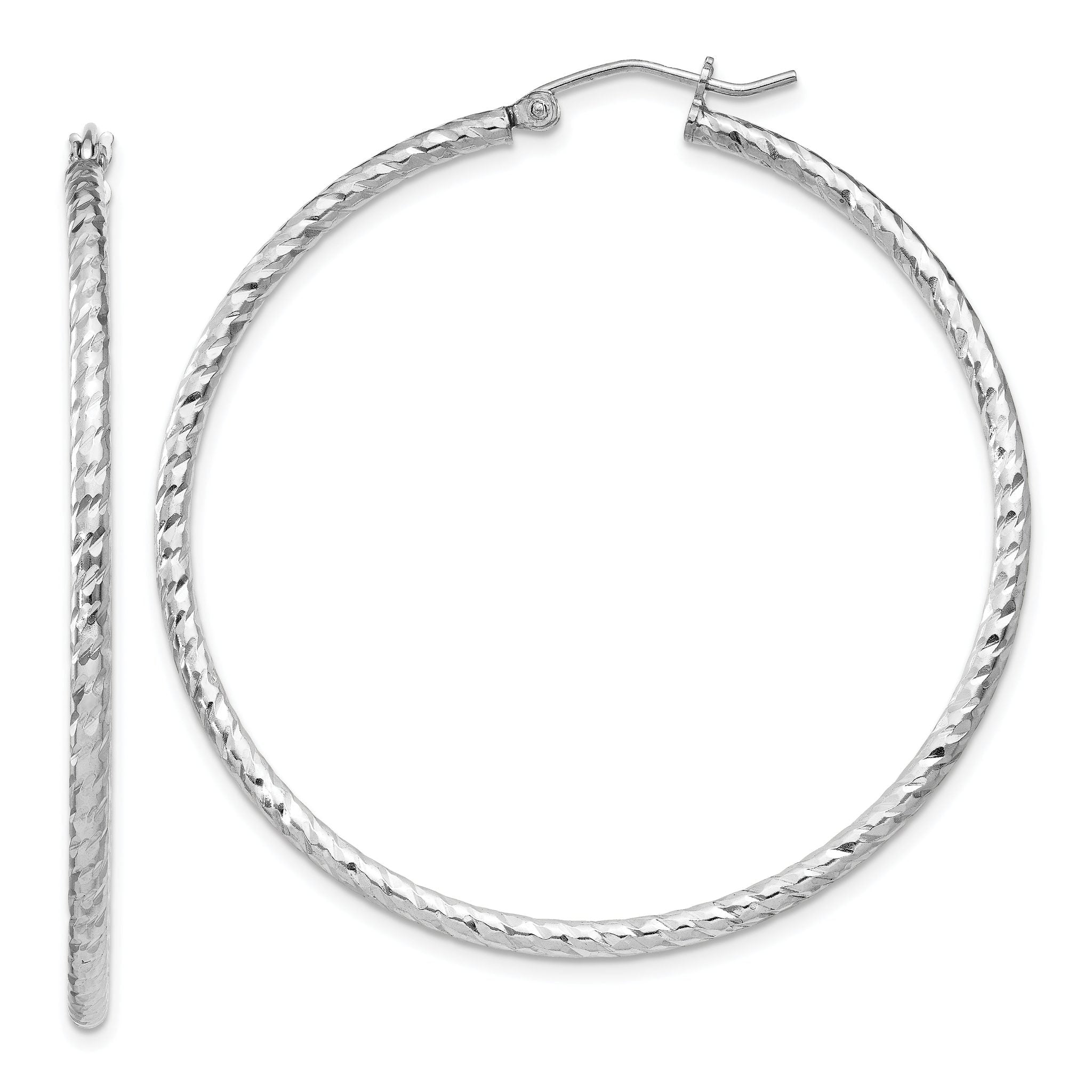 Sterling Silver Rhodium Plated Diamond-cut 2x50mm Hoop Earrings Main image
