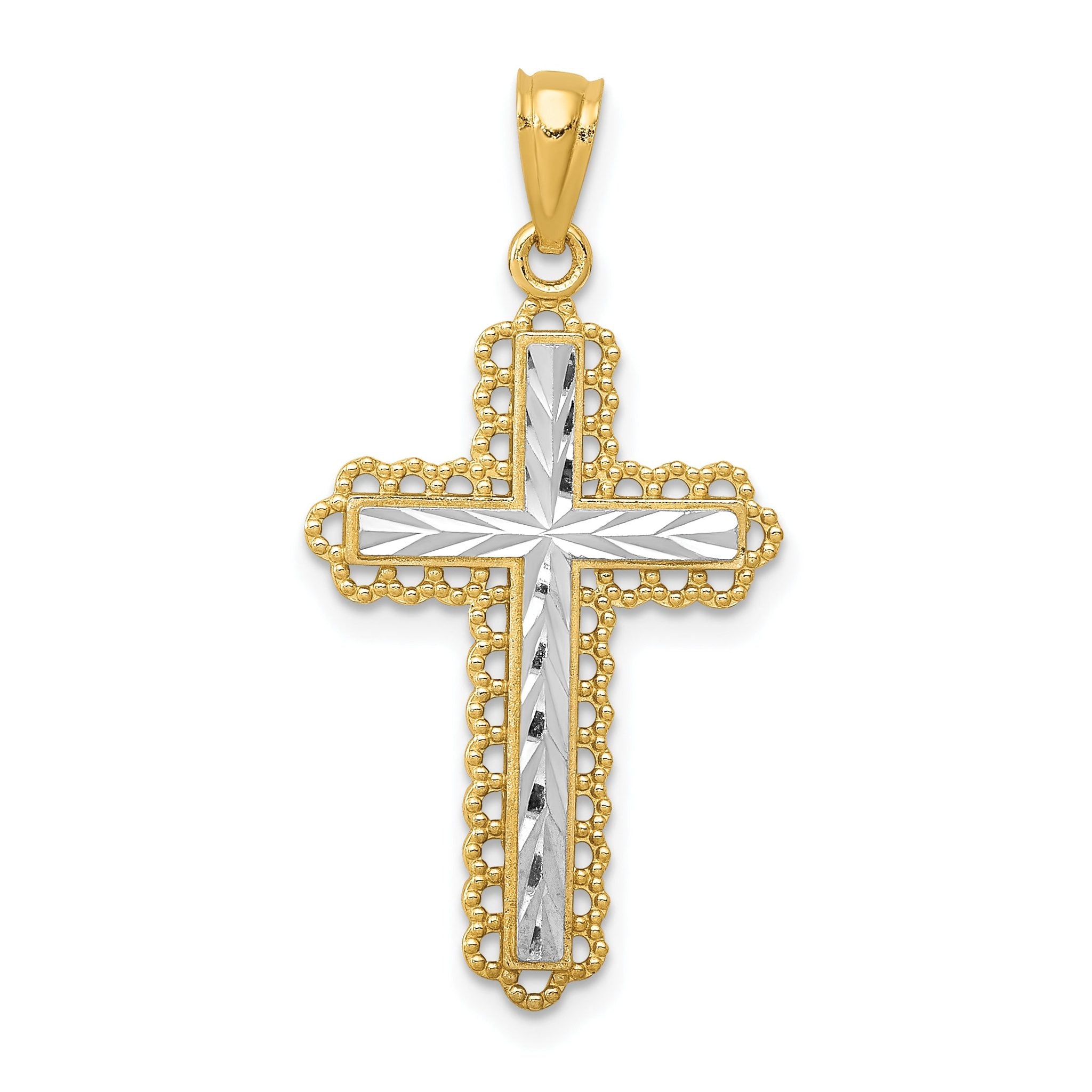 14K Gold Rhodium Diamond-Cut Budded Cross Pendant  Polished, Elegant Design Main image