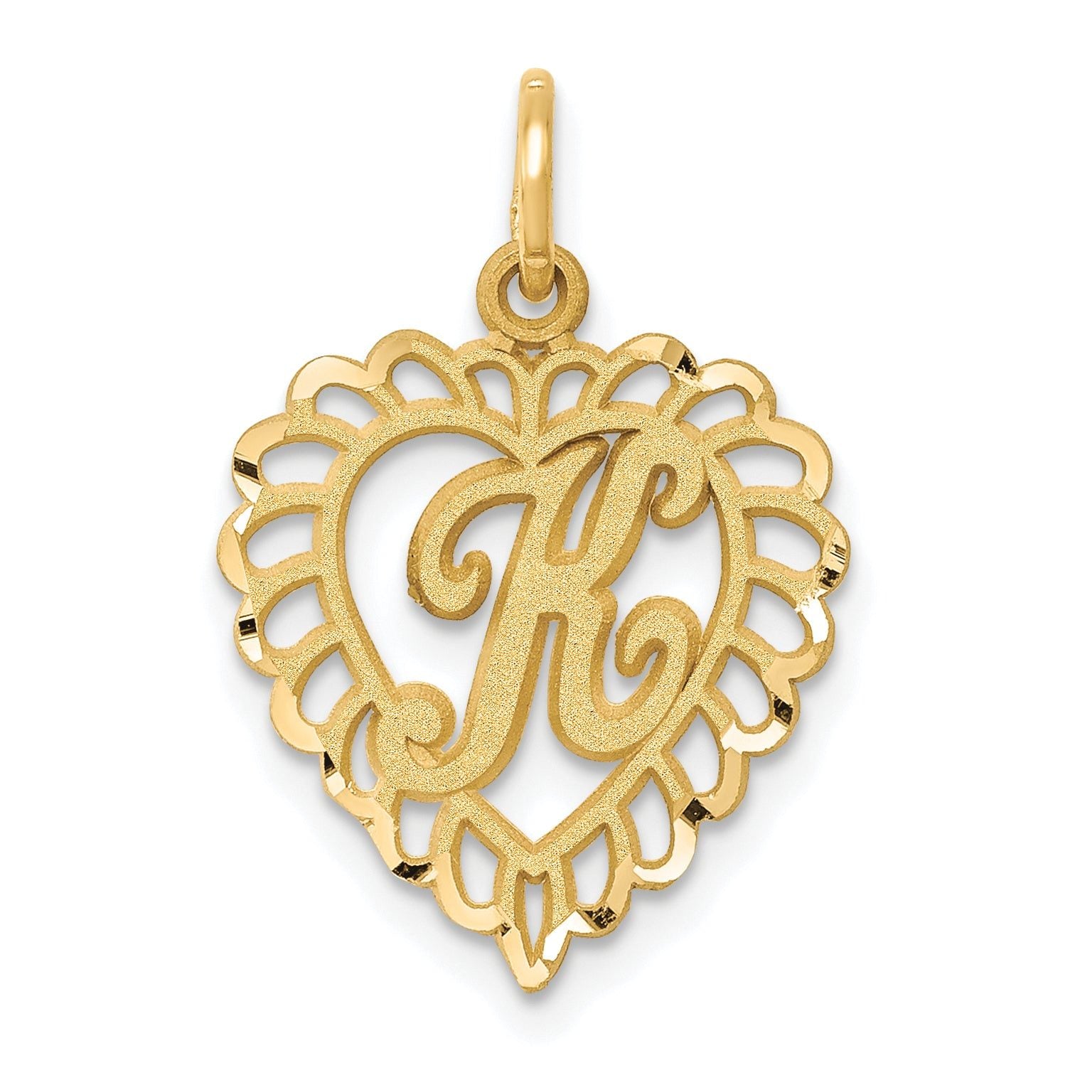 14K Yellow Gold Diamond-Cut Heart Letter K Charm Elegant Sandblasted Finish