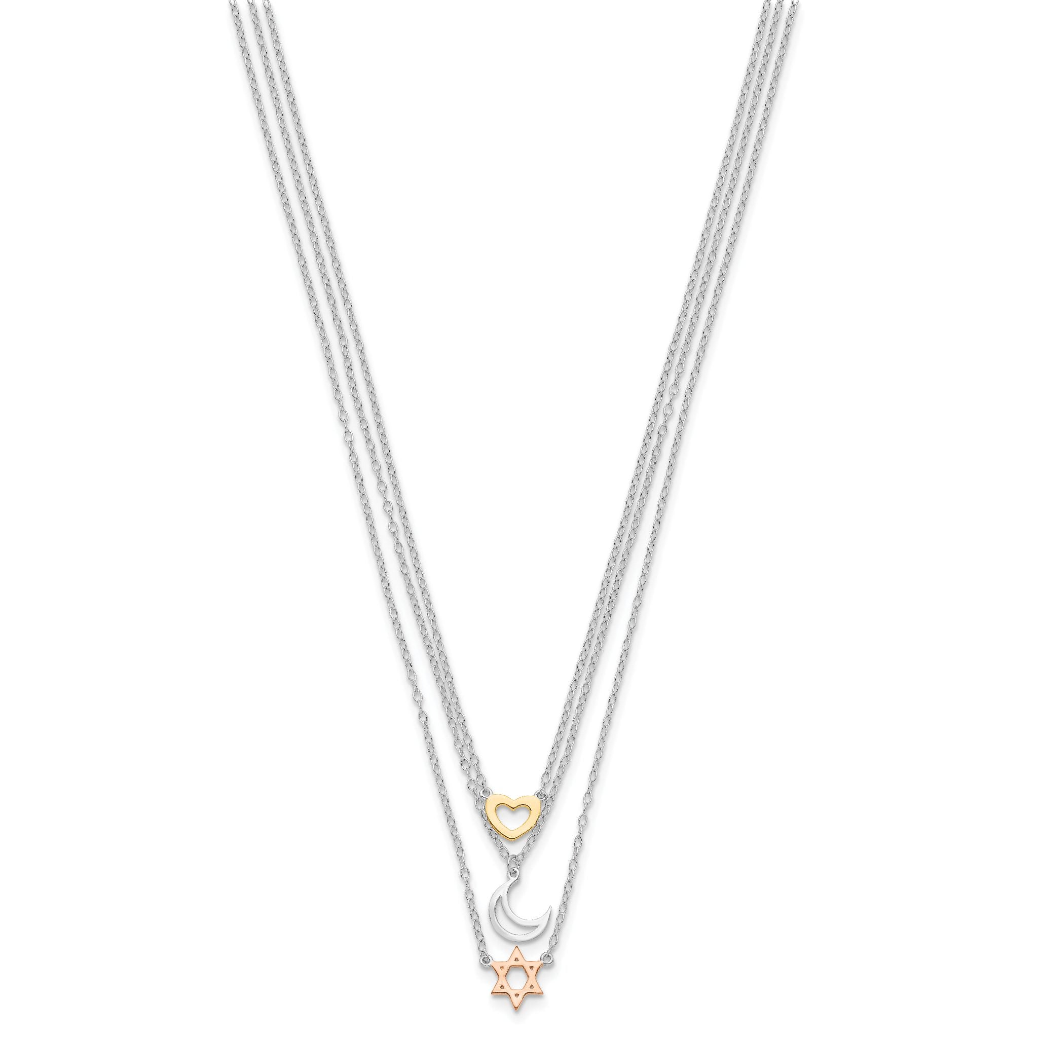 Sterling Silver RH-pltd Gold and Rose-tone Sun Moon Star Necklace Secondary image