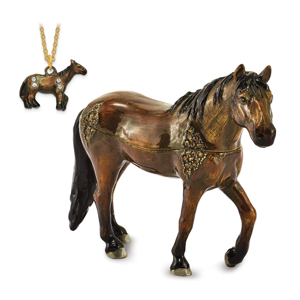 Luxury Giftware by Jere Pewter Bejeweled Crystals Gold-tone Enameled SPENCER Dark Bay Horse Trinket Box with Matching 18 Inch Necklace