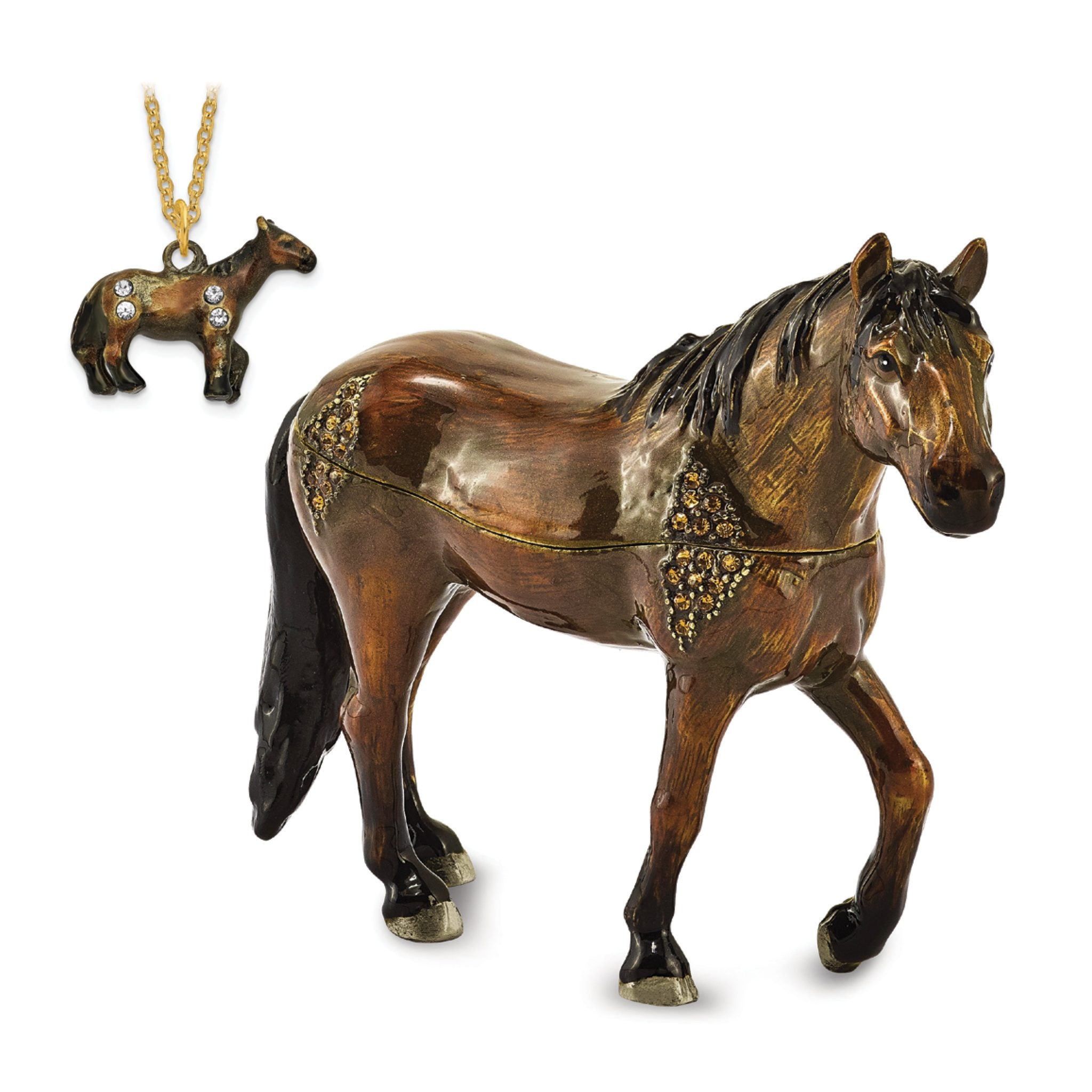 Luxury Giftware by Jere Pewter Bejeweled Crystals Gold-tone Enameled SPENCER Dark Bay Horse Trinket Box with Matching 18 Inch Necklace
