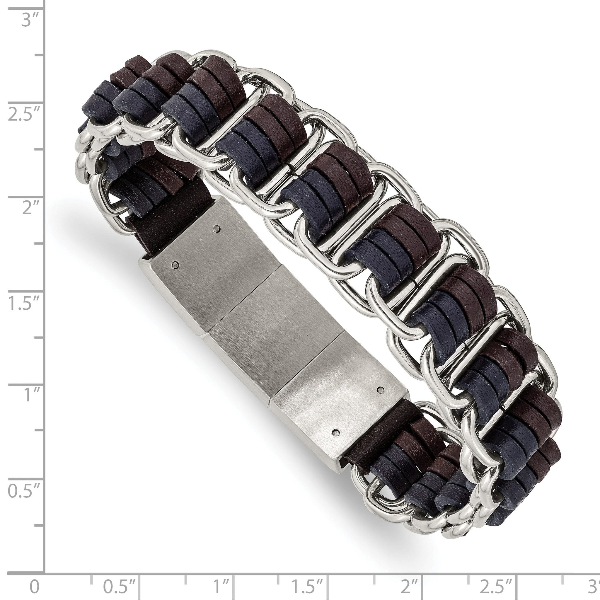 Stainless Steel Polished with Blue and Brown Leather with . ext Bracelet