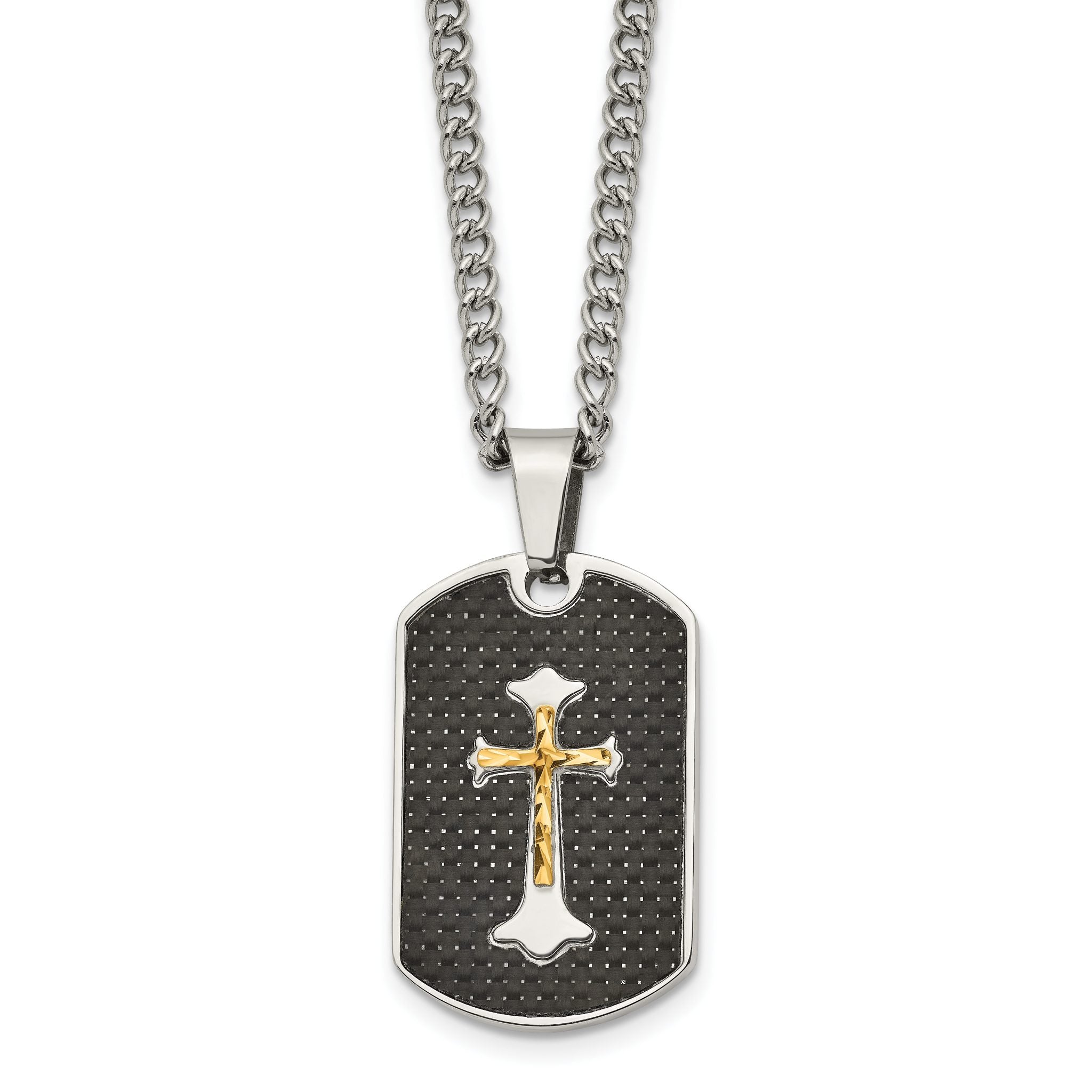 Chisel Stainless Steel Polished with Sterling Silver and Carbon Fiber Inlay Yellow IP-plated Cross on a 24 inch Curb Chain Necklace Main image