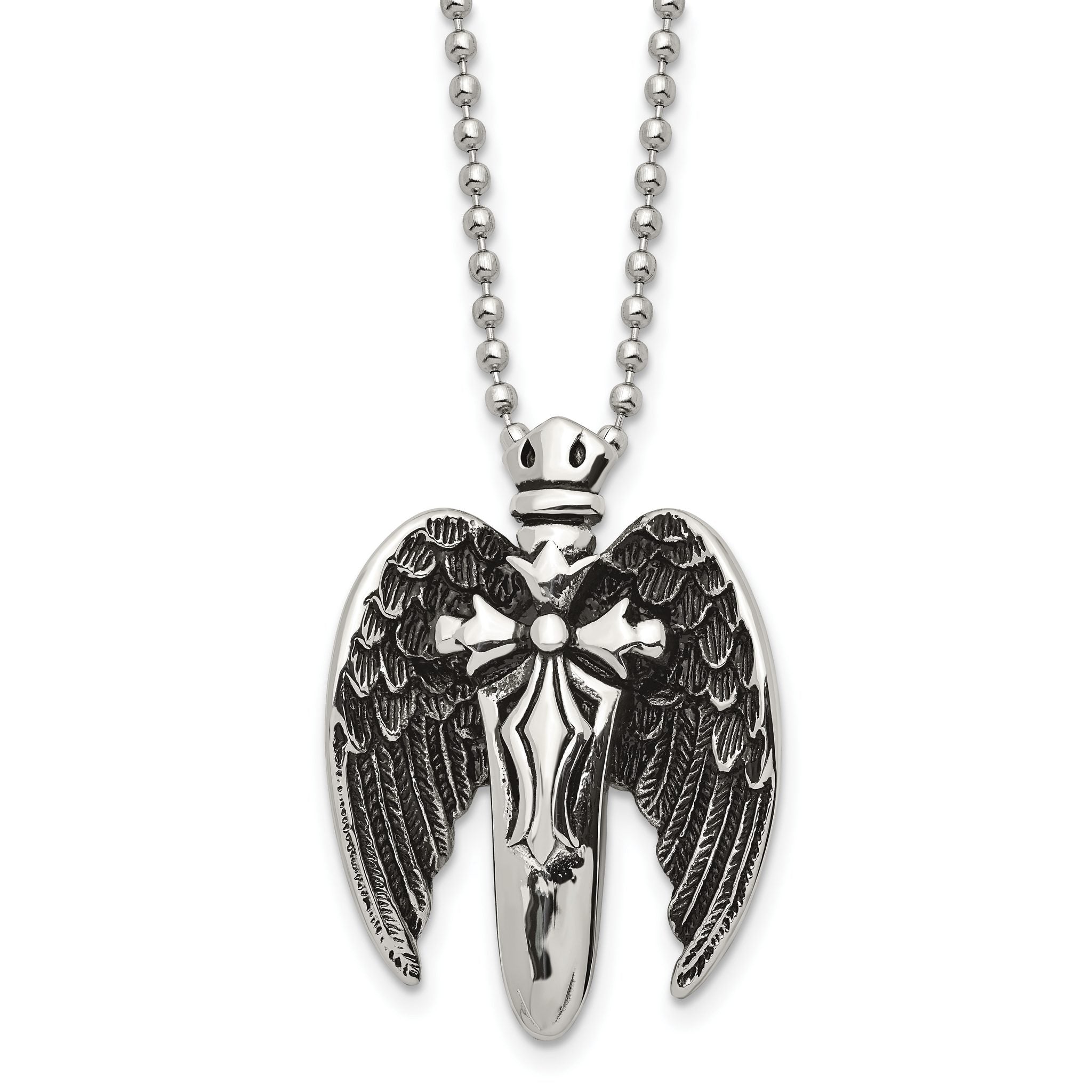 Chisel Stainless Steel Antiqued Brushed and Polished Winged Sword Pendant on a 22 inch Ball Chain Necklace Main image