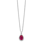 Sterling Silver 18in Rhodium Plated Polished Clear CZ and Lab Created Ruby Pear Shaped Necklace