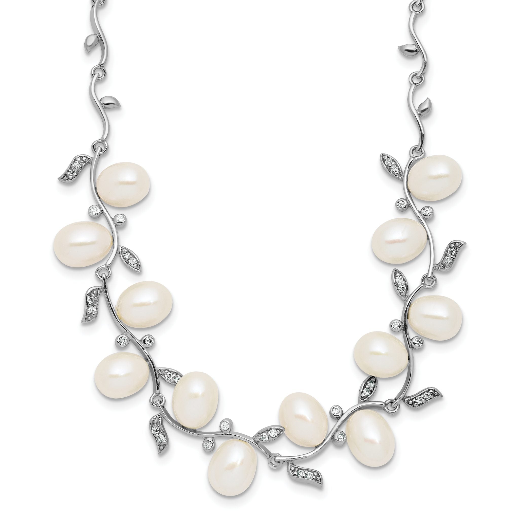 Sterling Silver Rhodium-plated 6-8mm Teardrop White Freshwater Cultured Pearl and CZ Leaf 17 inch Necklace Main image