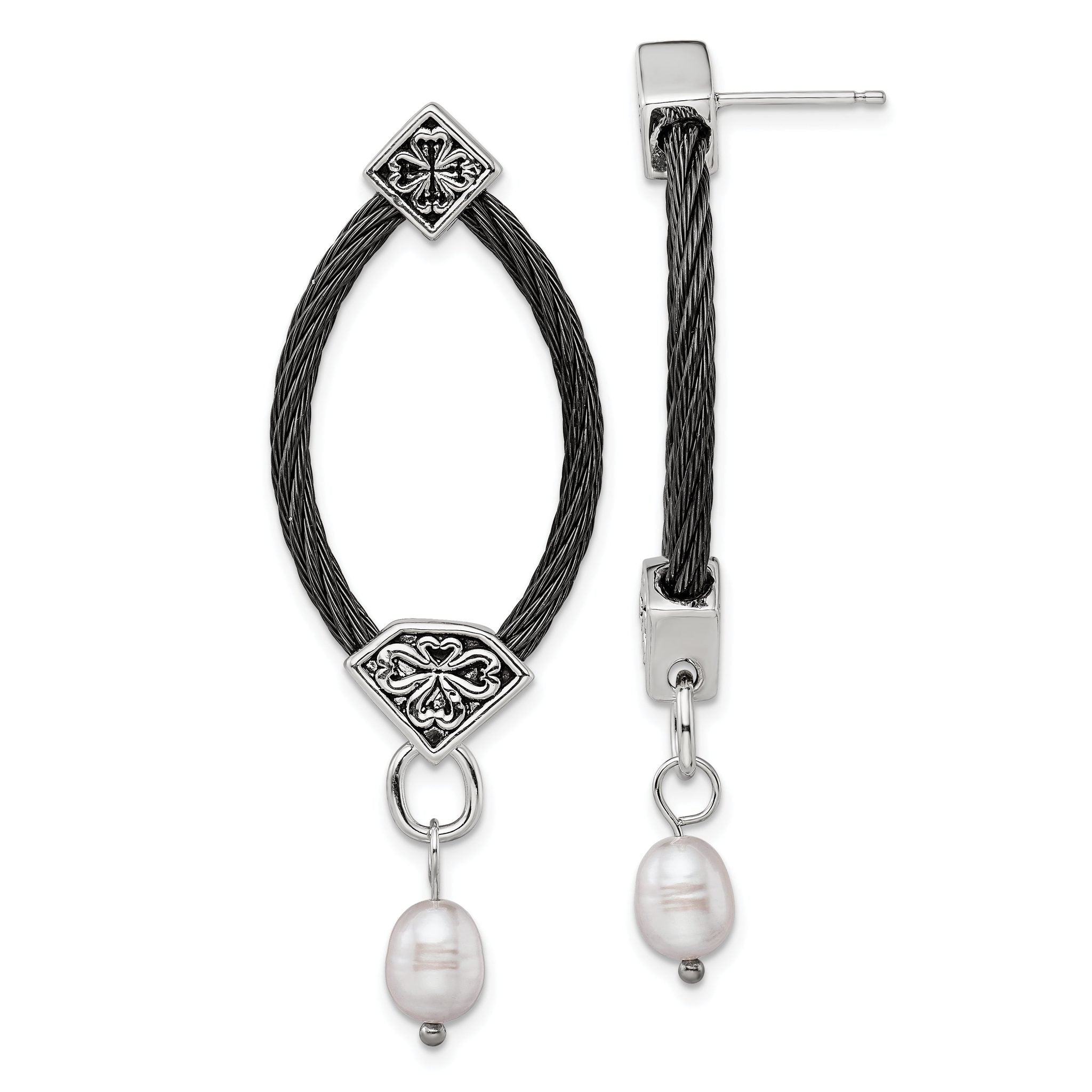 Sophia Jewelers Black Titanium & Silver Dangle Earrings with Pearl Floral Accent Main image
