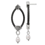 Sophia Jewelers Black Titanium & Silver Dangle Earrings with Pearl Floral Accent