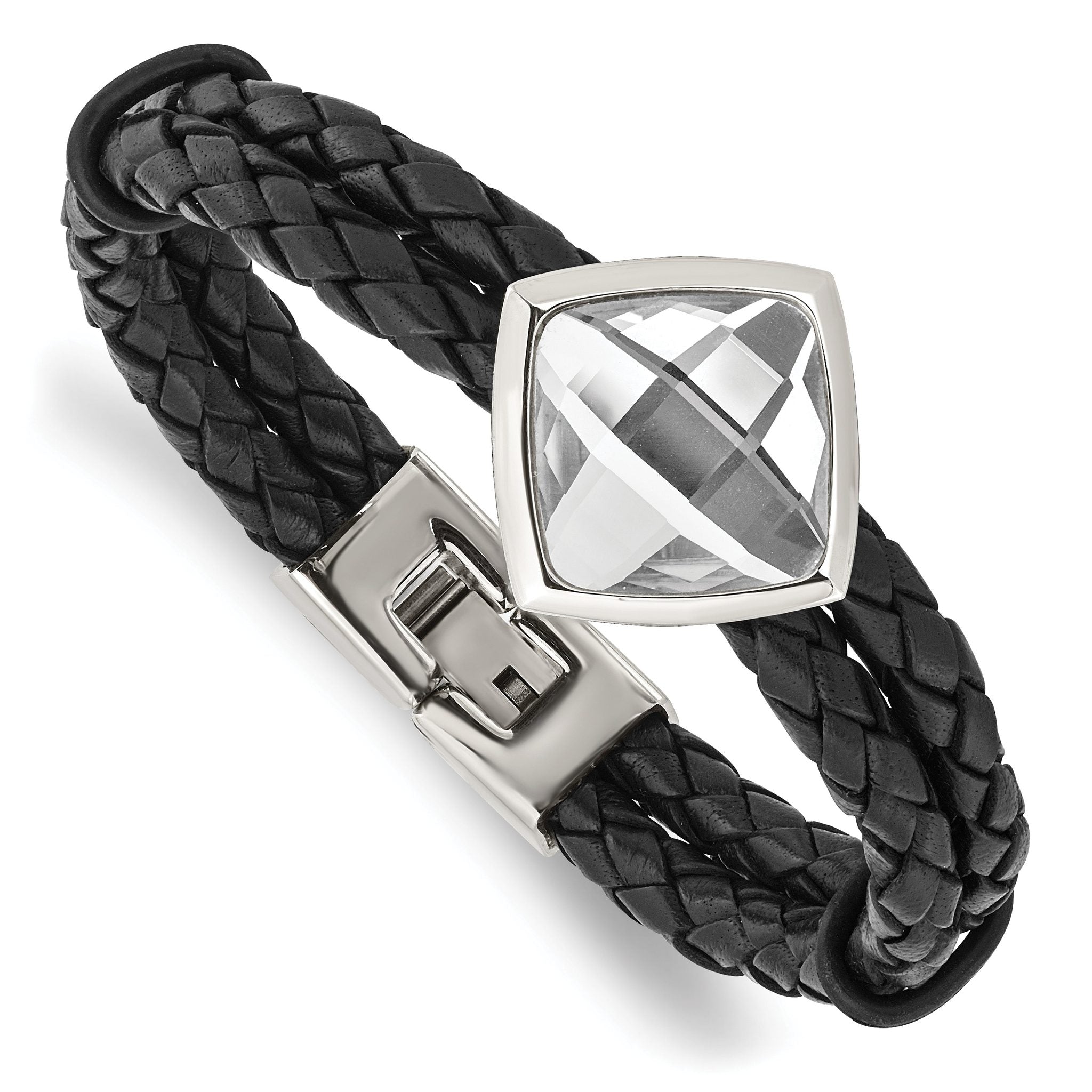 Stainless Steel Polished with Glass Stone Braided Leather Bracelet for Women Main image