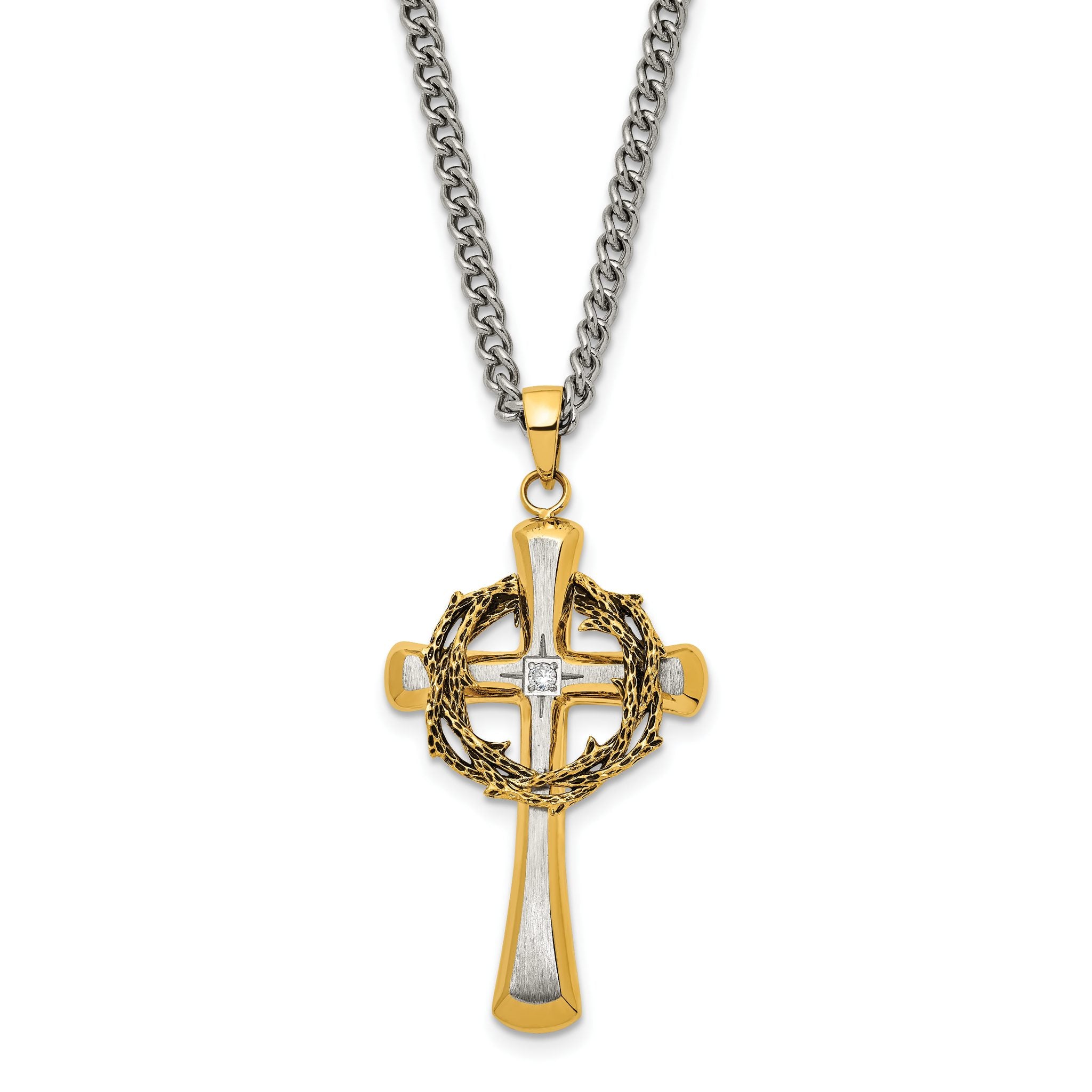 Chisel Stainless Steel Brushed and Polished Yellow IP-plated with CZ Philippians 4:13 Cross on a 24 inch Curb Chain Necklace Main image