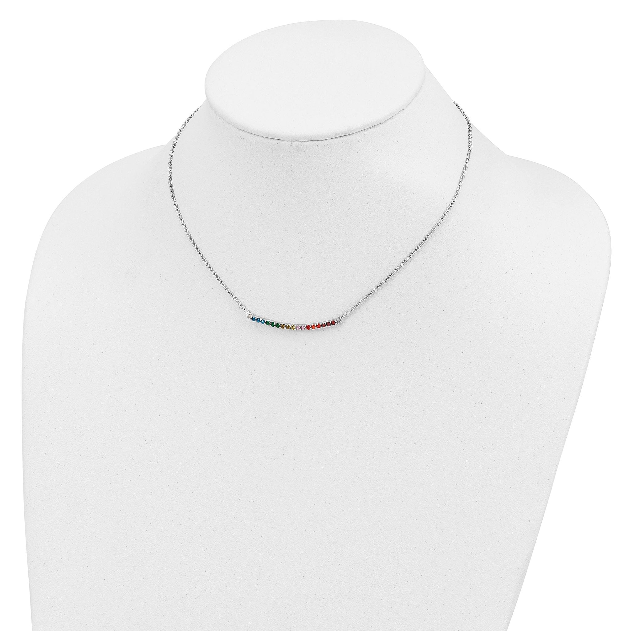 Prizma Sterling Silver Rhodium-plated 18 inch Colorful CZ Curved Bar Necklace