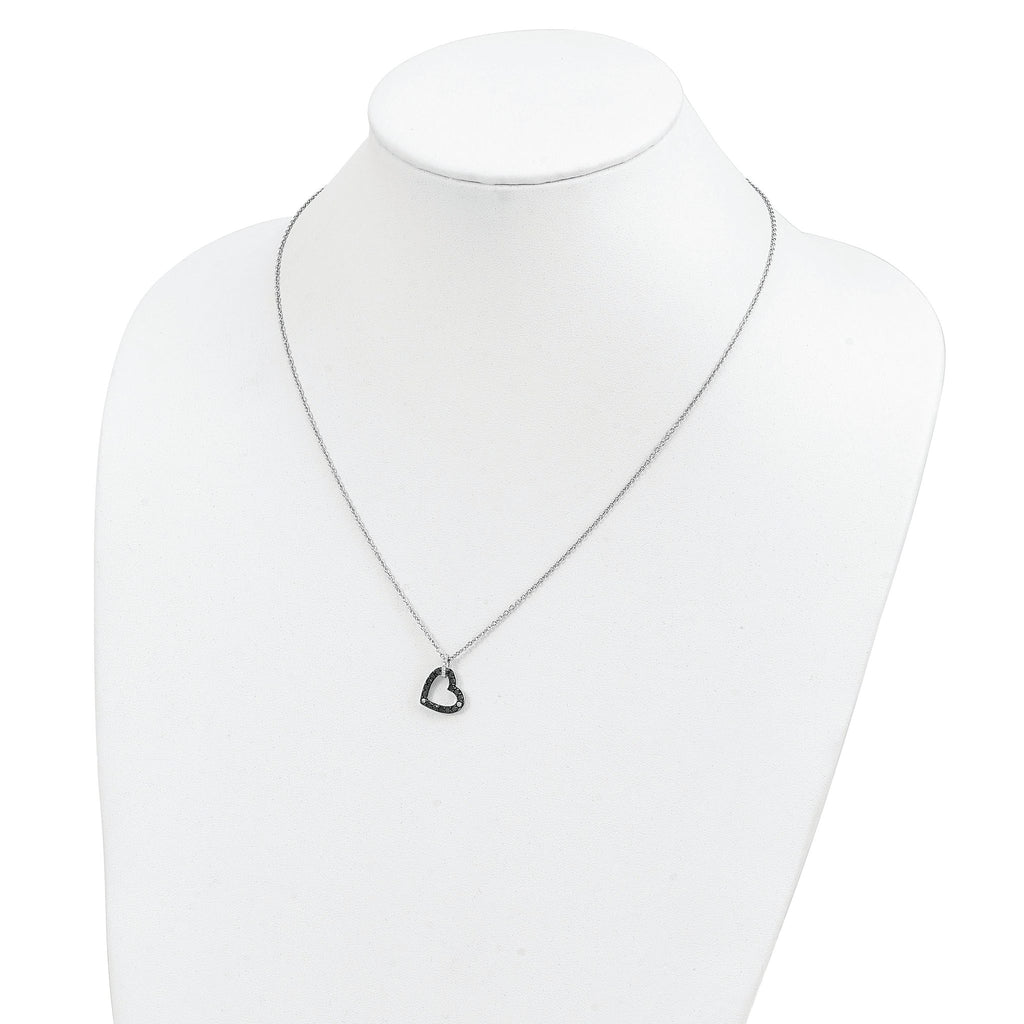 Sterling Silver Black & White Diamond Heart Necklace with Polished Rhodium Finish